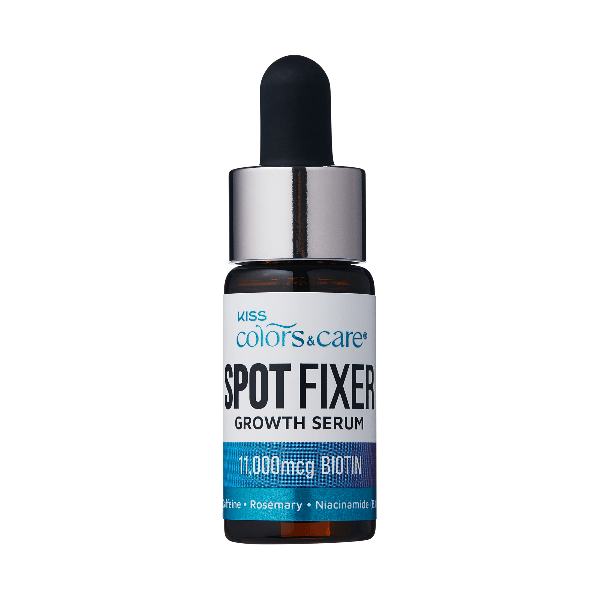 Small amber glass dropper bottle with a white and blue label reading "Kiss Colors & Care Spot Fixer Growth Serum," highlighting "11,000 mcg Biotin" and ingredients caffeine, rosemary, and niacinamide.
