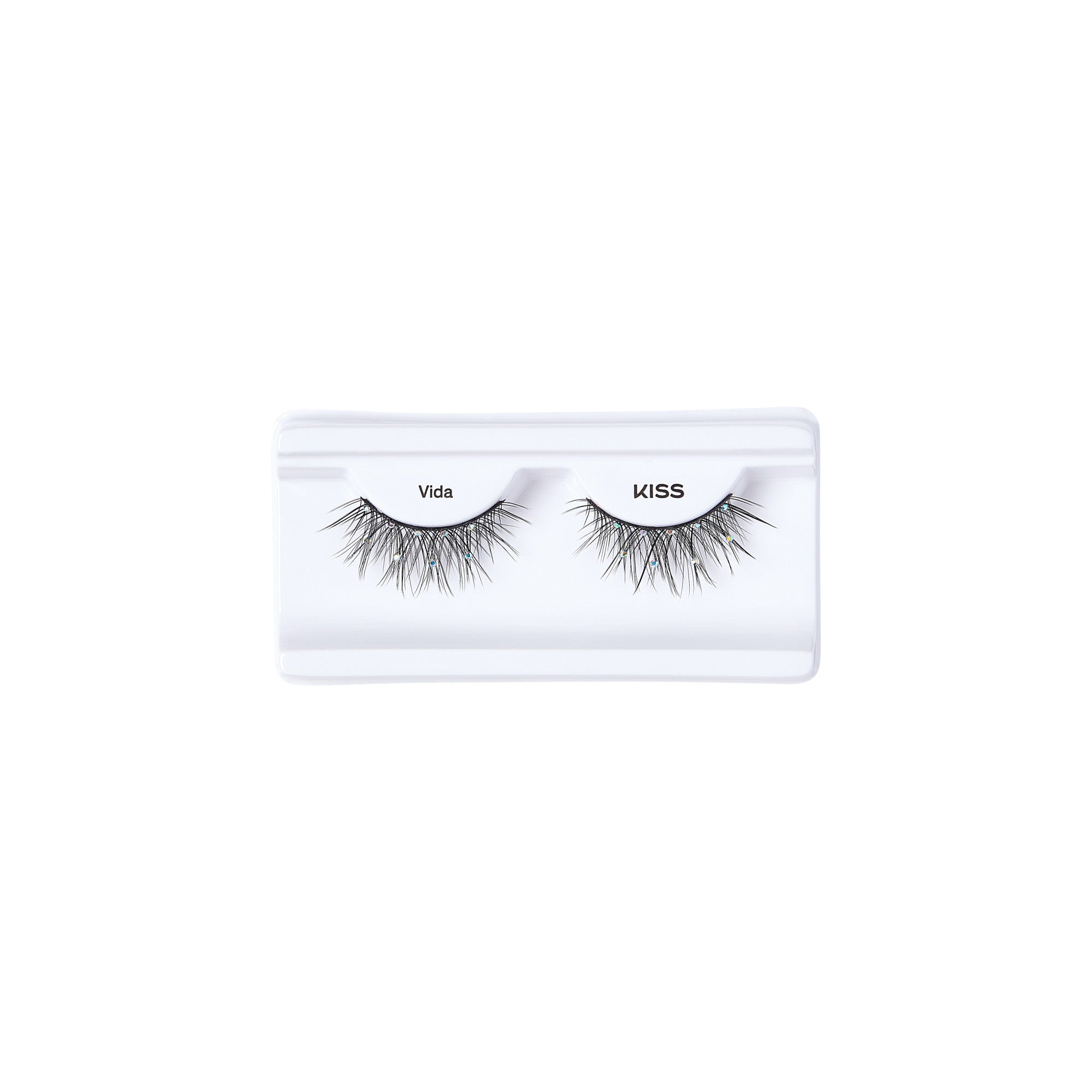 The image shows a pair of false eyelashes in a white plastic case. The eyelashes are labeled "Vida" on the left and "KISS" on the right. The lashes are long and voluminous, with a wispy, natural look. The packaging is simple and minimalistic, focusing attention on the eyelashes themselves.