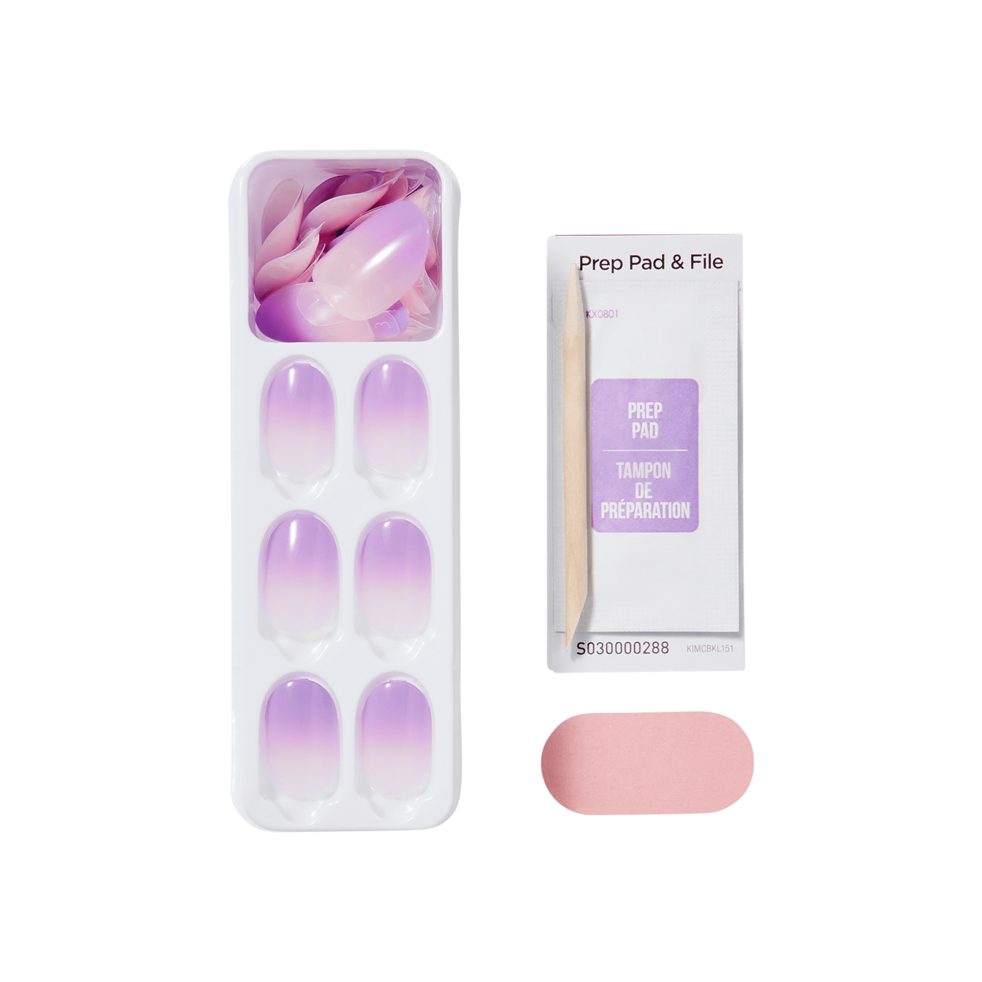 The image features a nail care kit that includes a set of false nails and a prep pad. The false nails are arranged in a tray, showcasing a gradient design that transitions from a light pink to a deeper purple. Next to the tray is a small package labeled "Prep Pad & File," which contains a prep pad and a nail file. The prep pad is a light purple color, and the file is a soft pink, complementing the color scheme of the false nails.