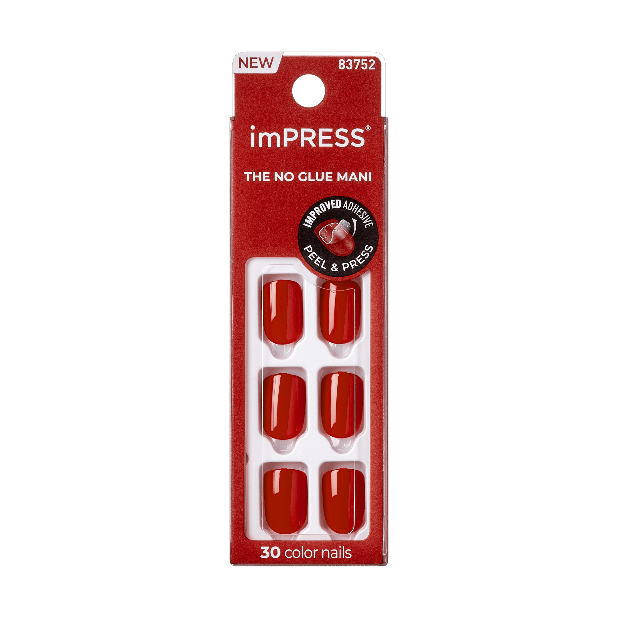 The image shows a package of imPRESS press-on nails. The packaging is predominantly red and white. At the top, it has the word "NEW" and the product number "83752". Below that, the brand name "imPRESS" is prominently displayed, followed by the tagline "THE NO GLUE MANI". There is a circular label indicating "IMPROVED ADHESIVE PEEL & PRESS". The package contains 30 color nails, and six of the nails are visible through a transparent window, showcasing a glossy red color.
