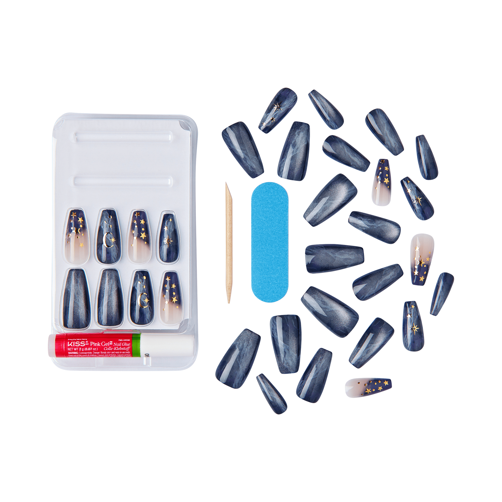 The image shows a set of artificial nails designed for application. The set includes various sizes of nails, primarily featuring a dark blue base color with decorative elements such as stars and crescent moons. The nails have a glossy finish and some have a gradient effect transitioning to a lighter color at the tips. The set also includes a small tube of adhesive, a wooden cuticle stick, and a blue nail file. The nails are arranged in a plastic tray and spread out around it for display.