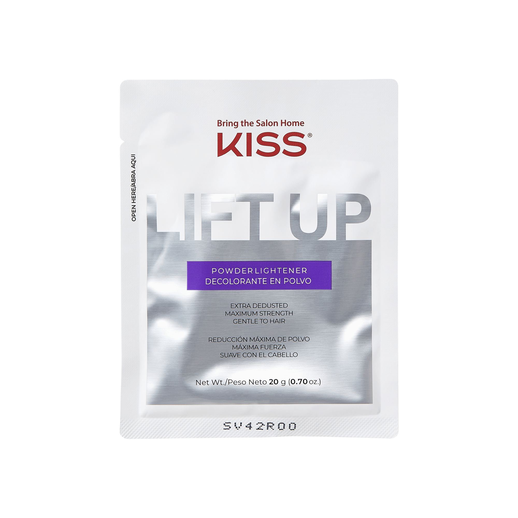 KISS Lift Up powder lightener sachet in white and silver packaging with purple label, claims extra dedusted, maximum strength, and gentle to hair.