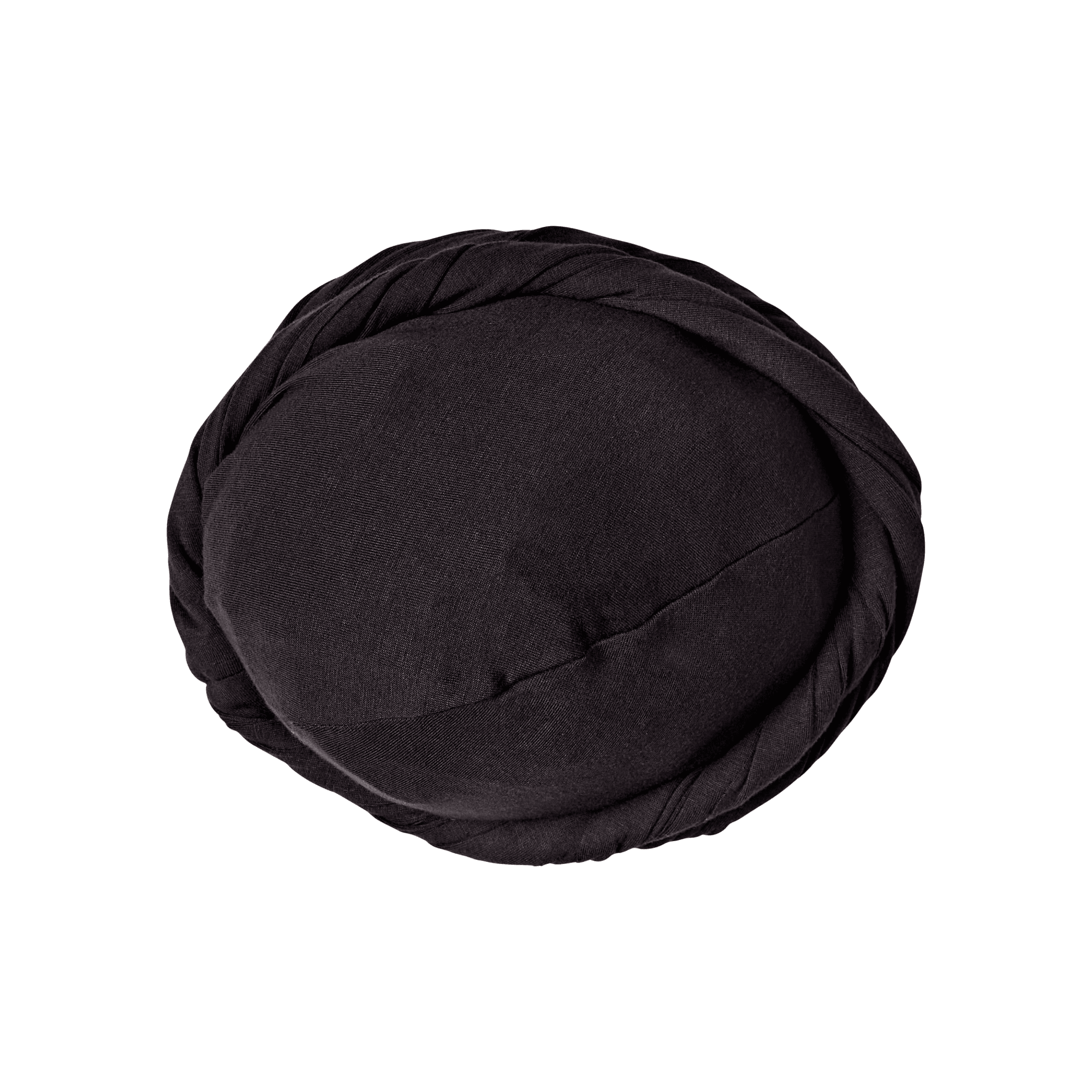 Black premium satin-lined halo turban with a twisted band design, shown from the top in a pre-tied one-size-fits-all style.