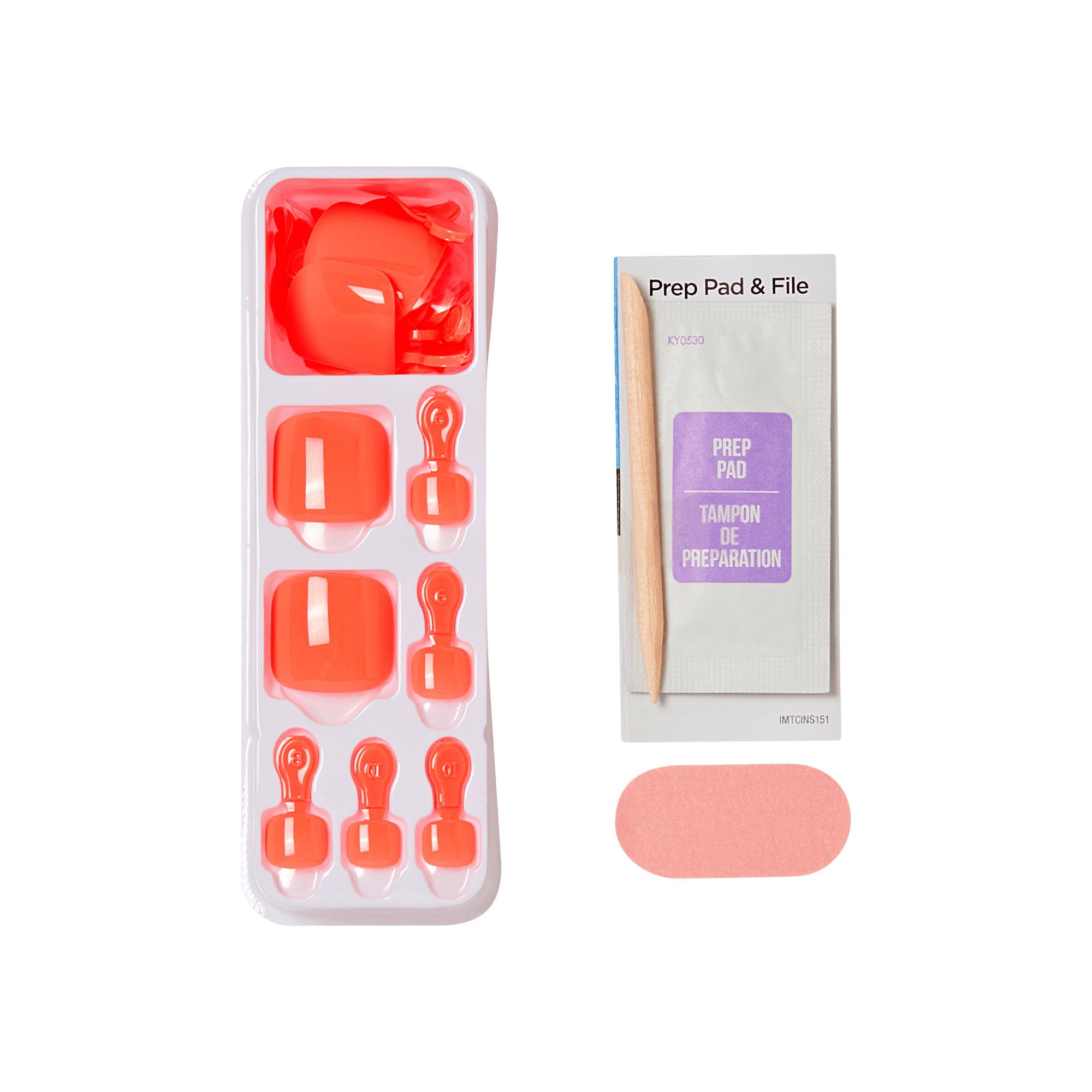 Red press-on nails kit with prep pad, file, and nail glue applicators