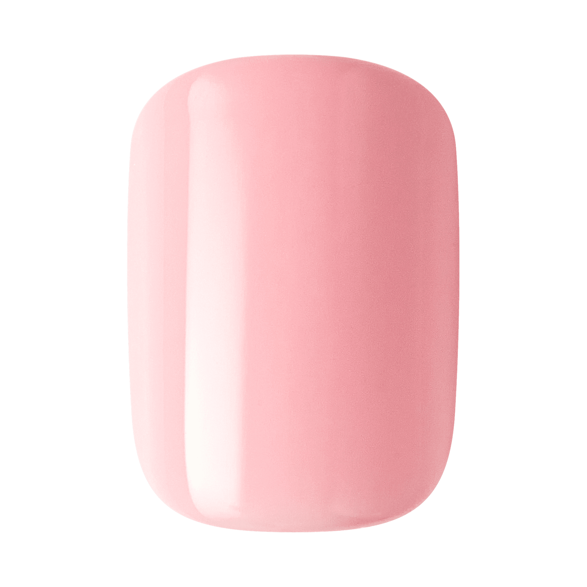 The image shows a close-up of a single artificial nail. The nail is painted in a glossy, pastel pink color. The surface of the nail is smooth and shiny, reflecting light, which gives it a polished and well-manicured appearance. The shape of the nail is slightly rounded at the edges, typical of a natural nail shape.
