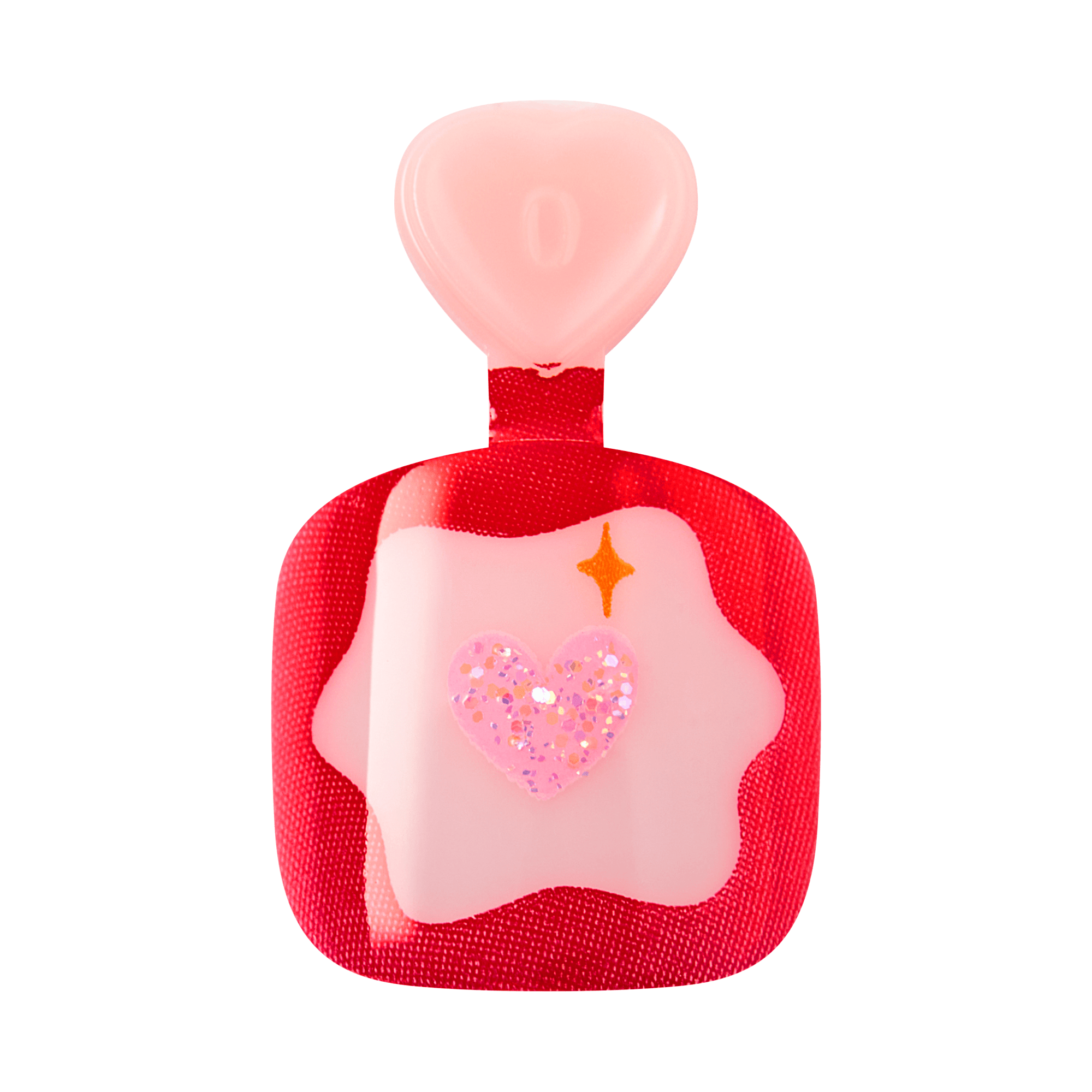 Pink perfume bottle with red textured base and sparkling heart design