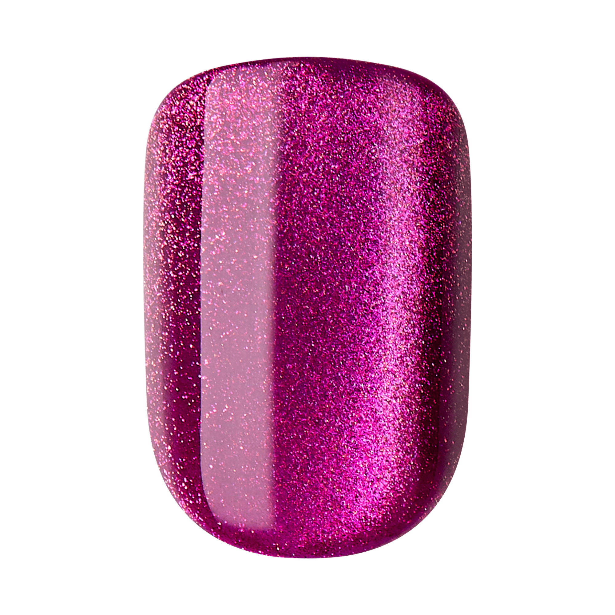 The image shows a close-up of a single fingernail painted with a vibrant, glittery magenta nail polish. The polish has a glossy finish, reflecting light and creating a shiny, sparkling effect. The color is rich and bold, with fine glitter particles evenly distributed throughout, giving the nail a glamorous and eye-catching appearance. The shape of the nail is well-manicured, with smooth edges and a slightly rounded tip.