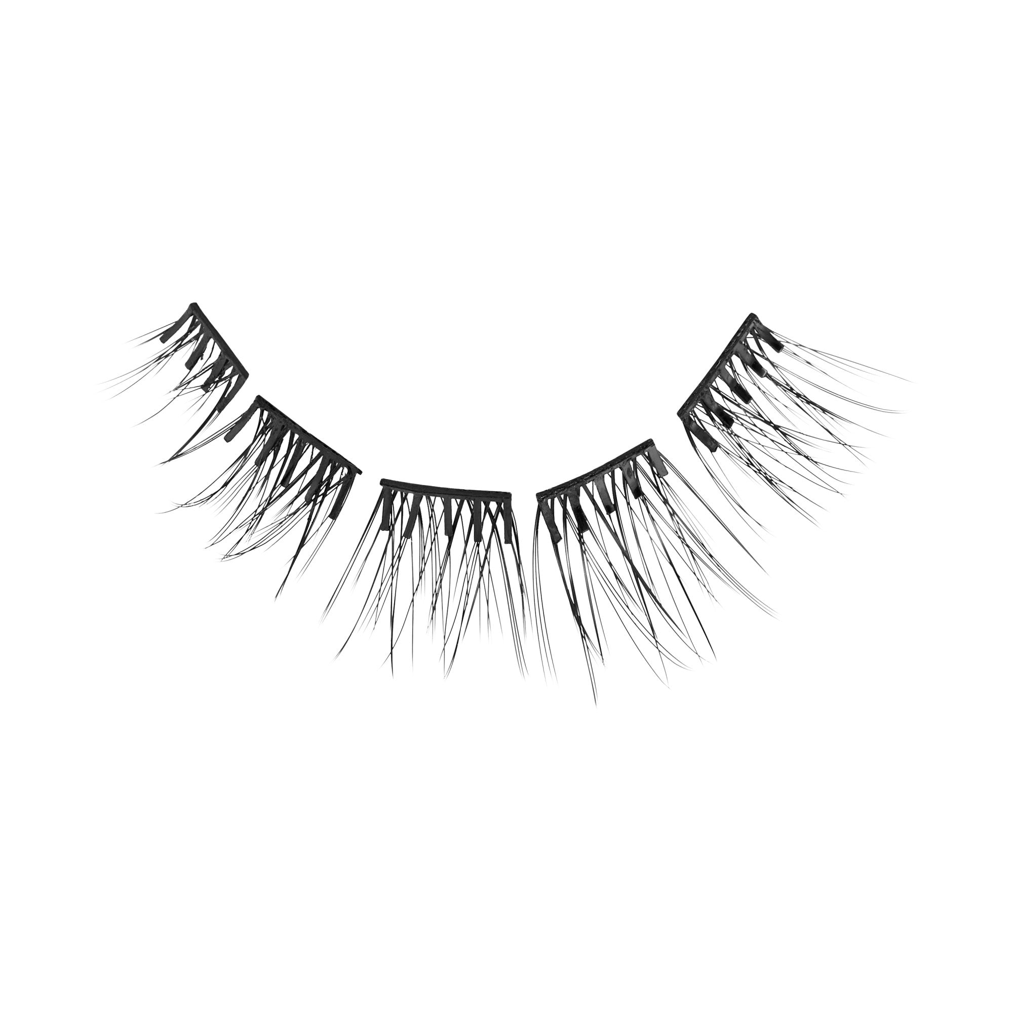 Pair of black false eyelashes with wispy, multi-layered design on white background.
