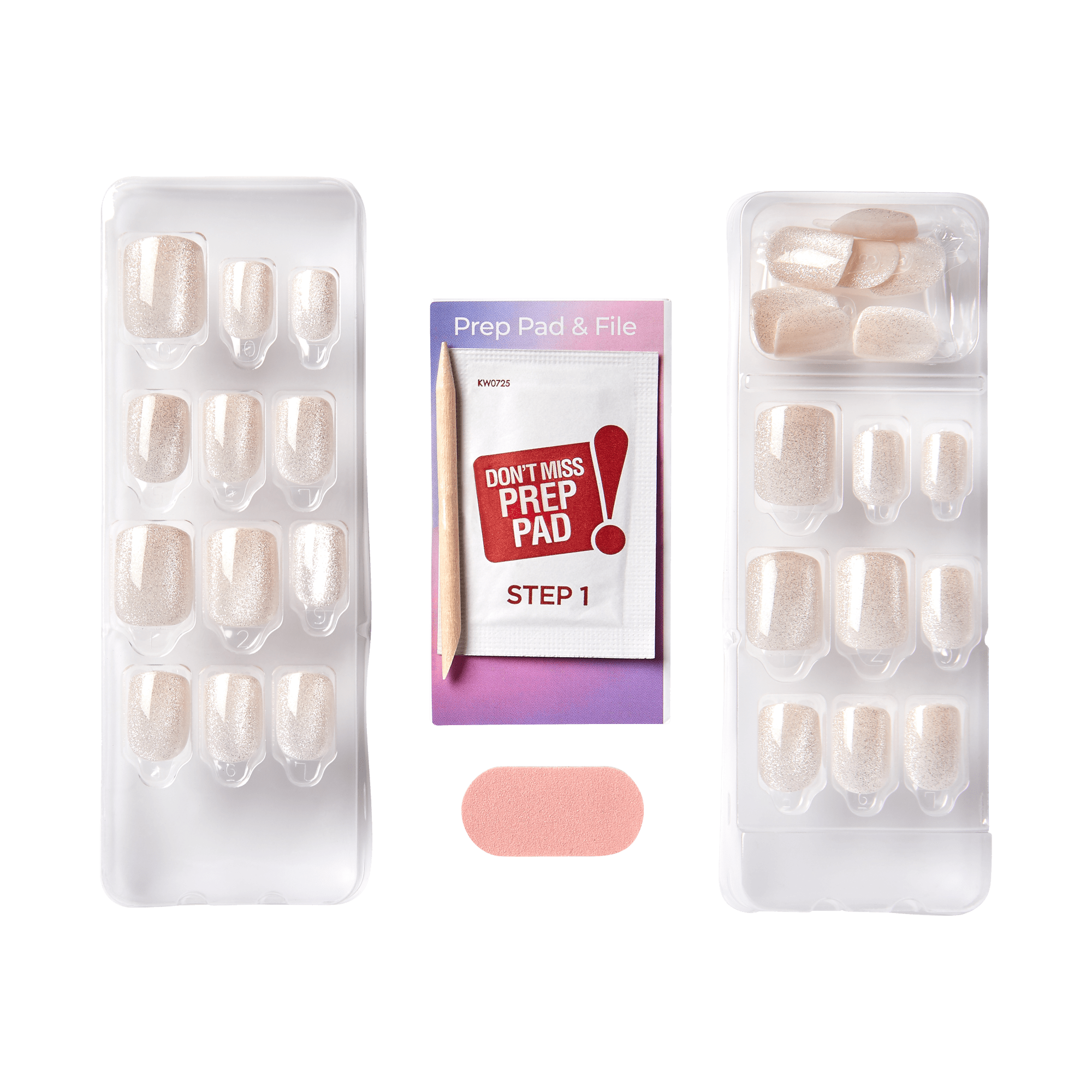The image shows a set of press-on nails and related accessories. The set includes two trays of press-on nails in a light, shimmery color. Each tray contains nails of various sizes to fit different fingers. In the center, there is a packet labeled "Prep Pad & File" with the instruction "Step 1" on it. Additionally, there is a small, rectangular nail file in a matching color to the nails. The overall presentation suggests a kit designed for easy at-home application of press-on nails.