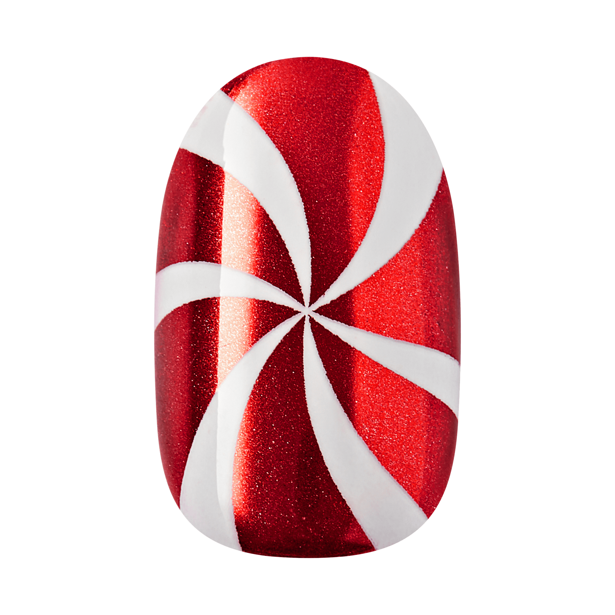 Red and white peppermint swirl nail design with glitter finish