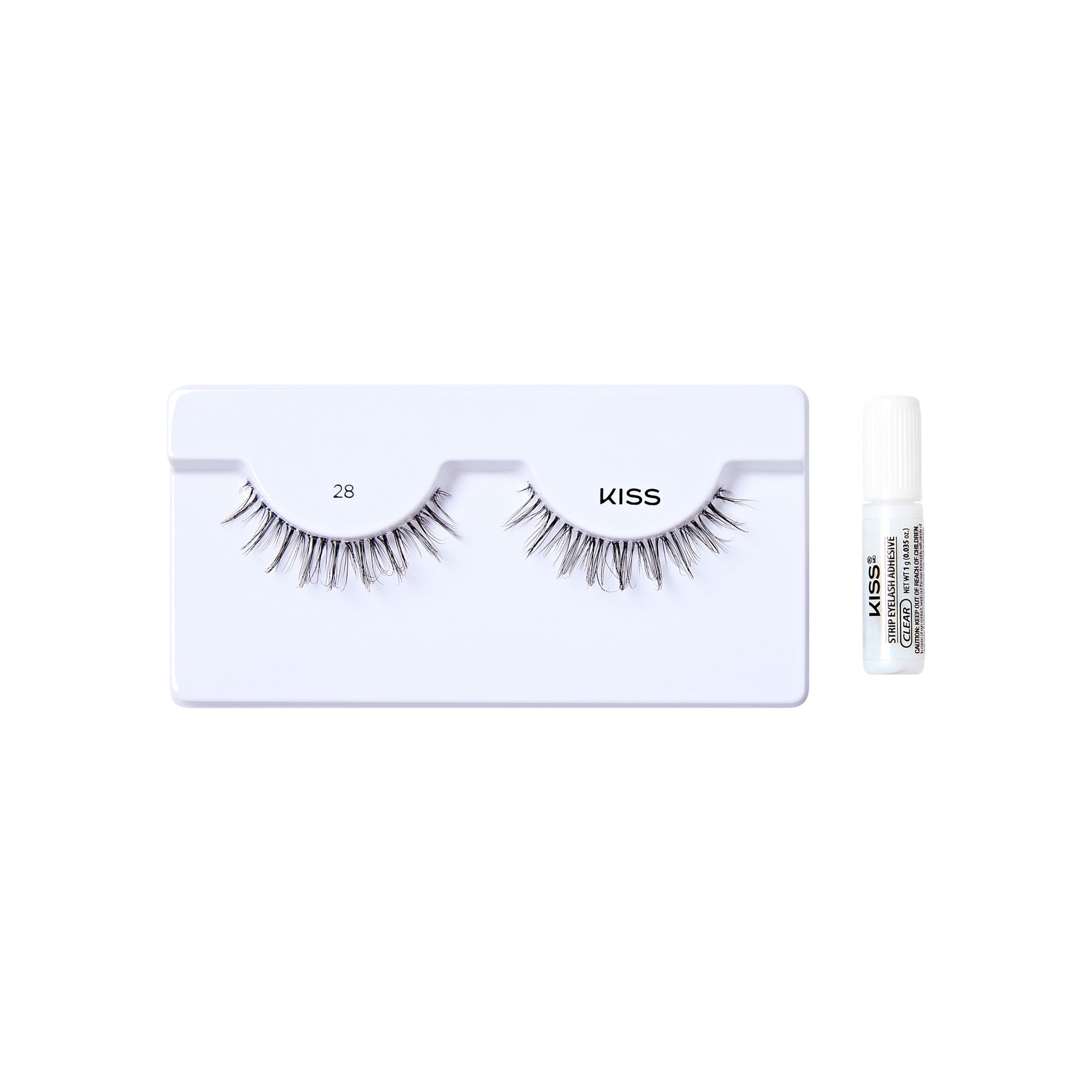 The image shows a set of false eyelashes from the brand "KISS." The eyelashes are displayed on a white plastic tray, with the number "28" printed on the left side of the tray. To the right of the tray, there is a small tube of adhesive glue, also branded with "KISS." The overall presentation is clean and minimalistic, highlighting the product&