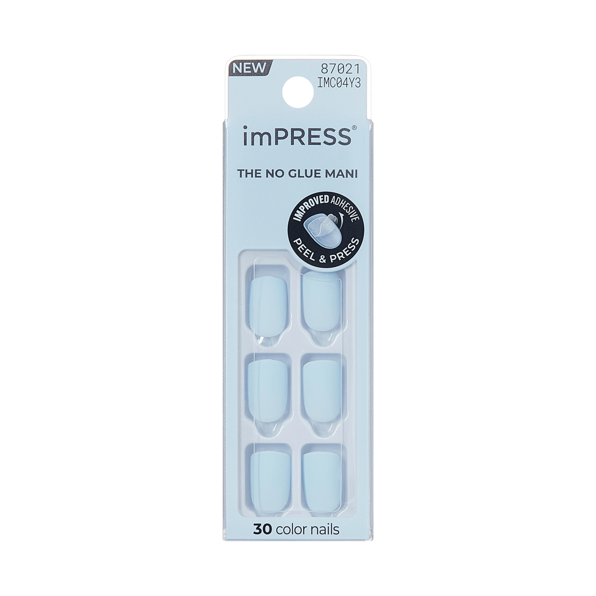 imPRESS Blue Sky press-on nails packaging showing six light blue nails, labeled \