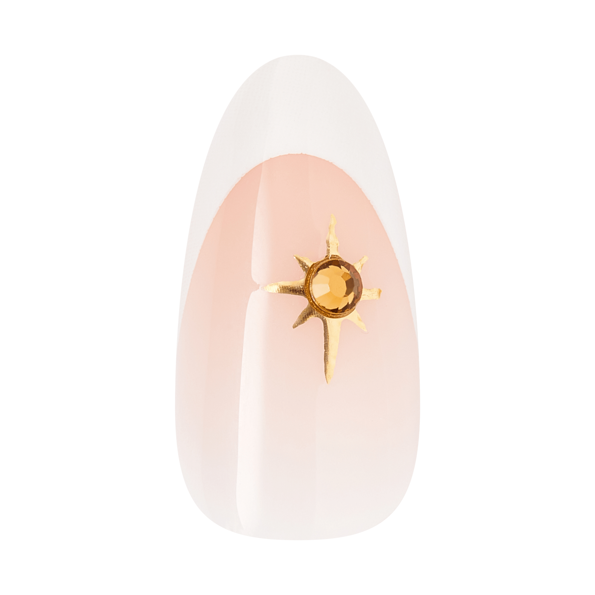 Almond-shaped nail with nude base and gold sun charm design