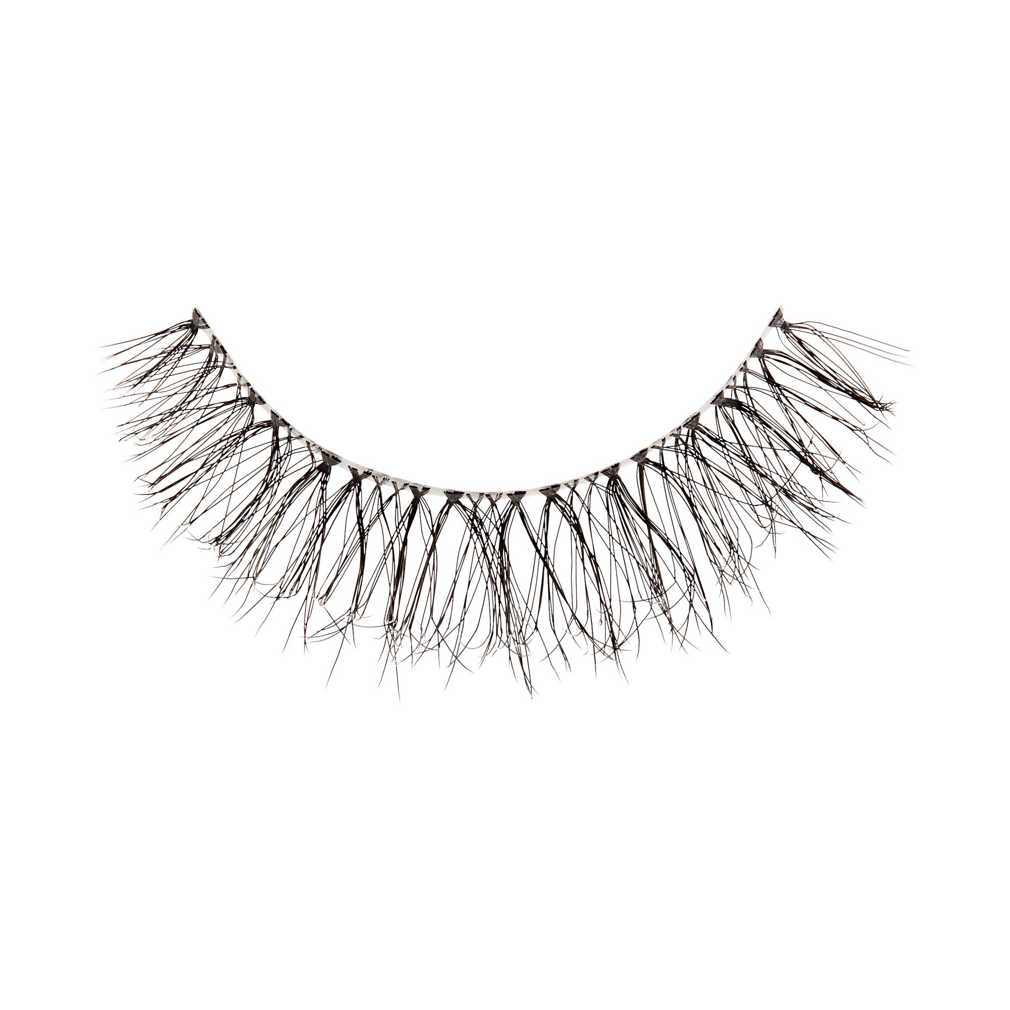 The image shows a single false eyelash. The eyelash is curved and features multiple strands of synthetic fibers designed to mimic natural eyelashes. The fibers are of varying lengths, creating a wispy and voluminous appearance. The base of the eyelash is a thin, flexible strip that allows for easy application to the eyelid. The overall look is intended to enhance the fullness and length of natural eyelashes when worn.