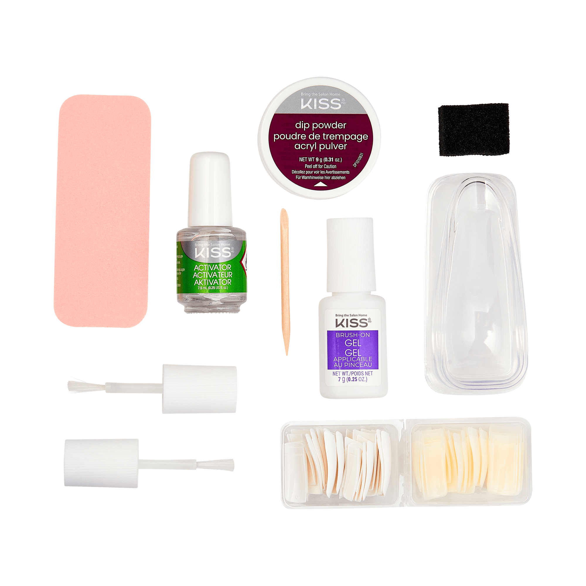 KISS Salon Dip Professional Dipping System with pink nail file, activator and brush-on gel bottles, dip powder, wooden stick, black sponge, plastic nail tips in case.