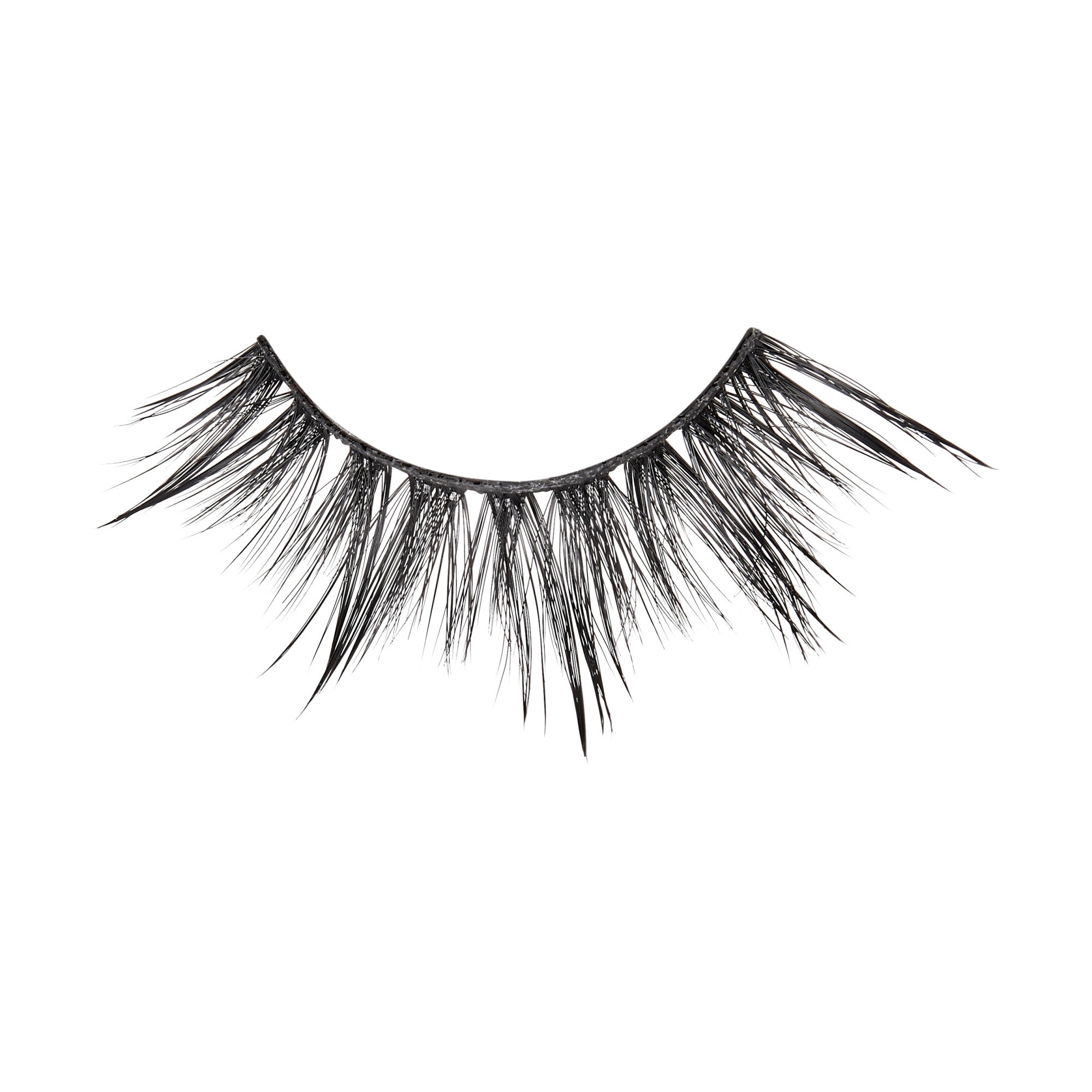 Single black false eyelash with a wispy, flared design featuring varying lengths for a dramatic, textured look on a white background.
