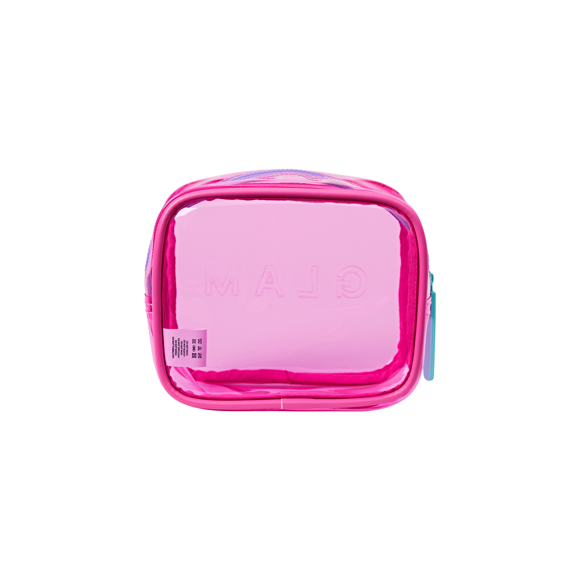 Bright pink clear toiletry bag with blue zipper and "MAIO" branding