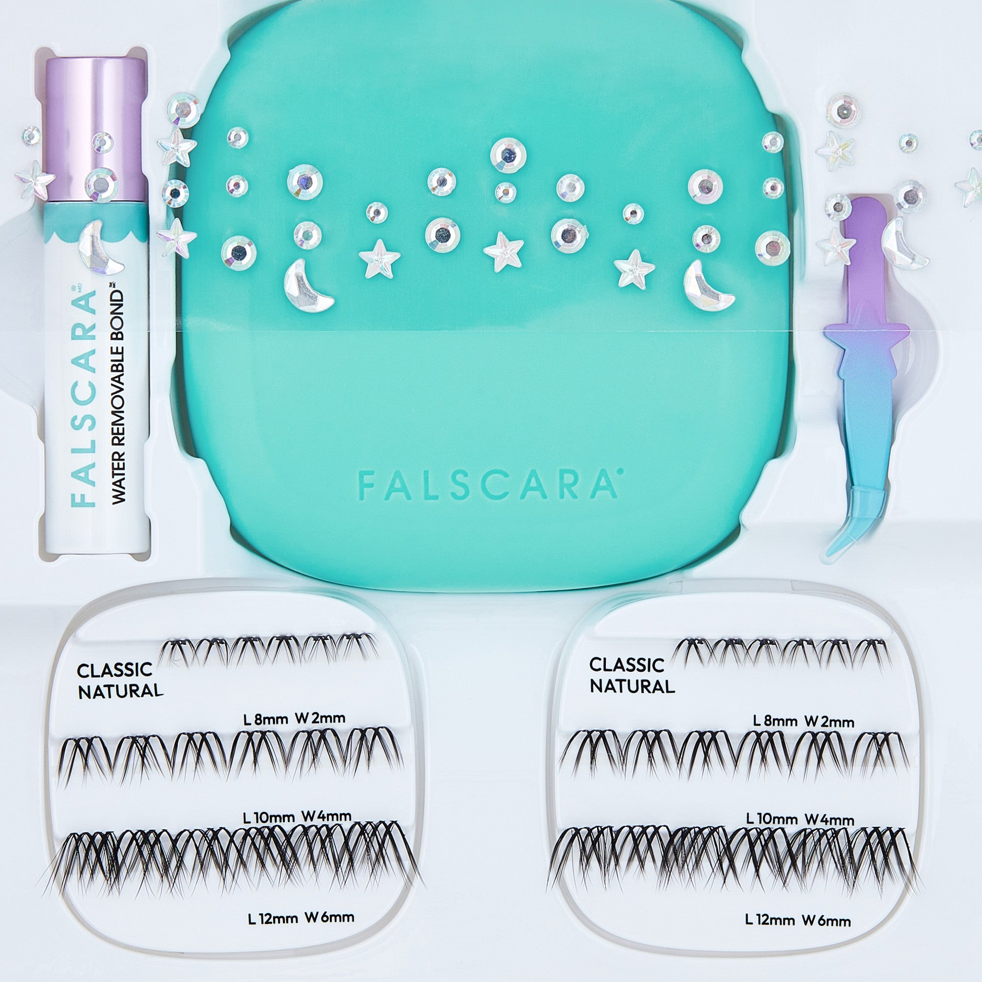 Falscara lash kit with turquoise case, water removable bond, applicator, and assorted false lashes.