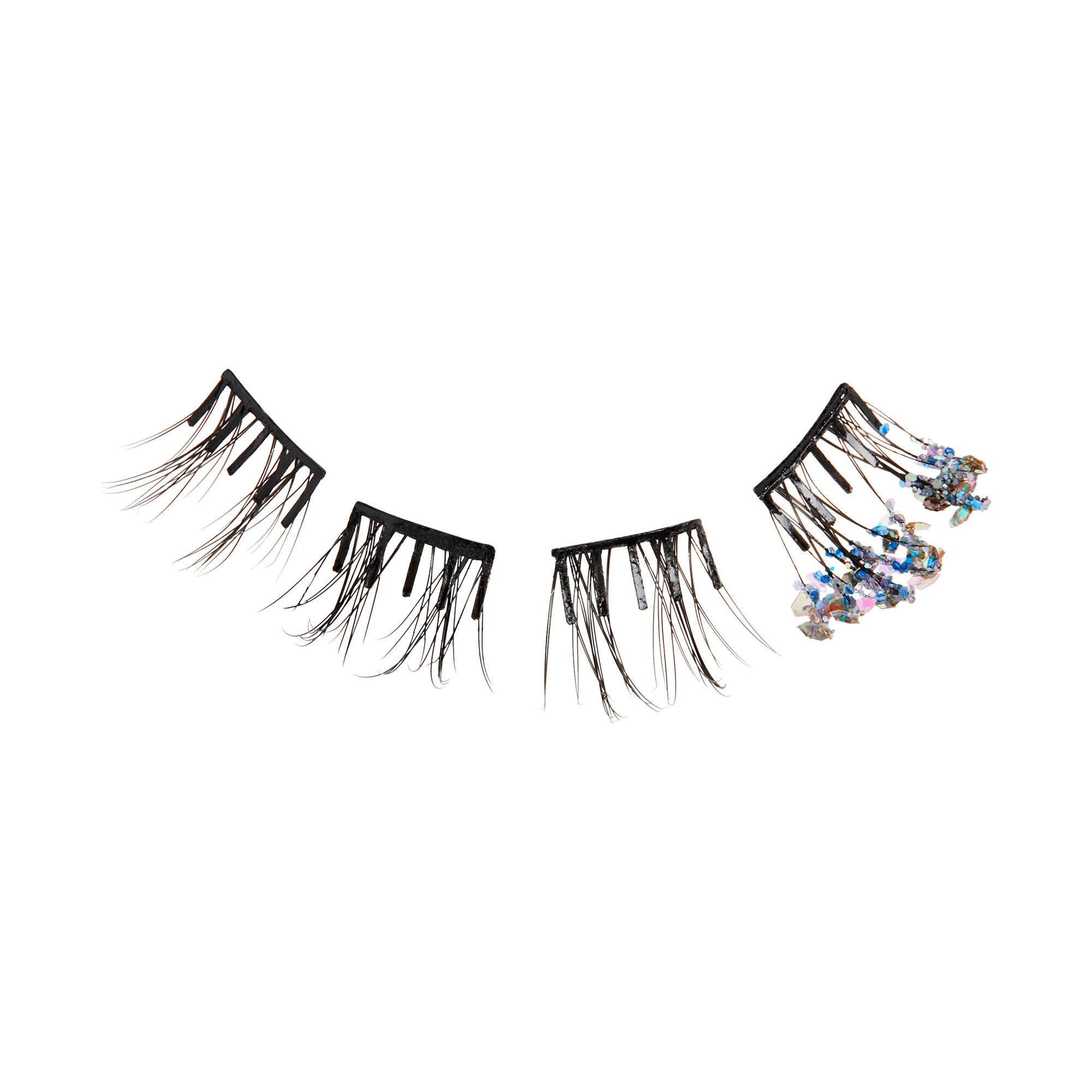 Four segments of false eyelashes in a row on a white background; the first three have black natural fibers, and the fourth has black fibers with iridescent sequin clusters at the ends.