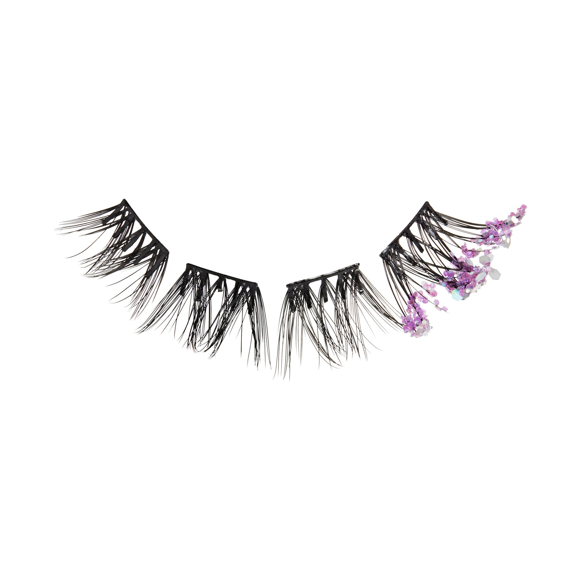 Black false eyelashes with long, separated strands, featuring small purple and iridescent decorative accents on one side, shown on a white background.