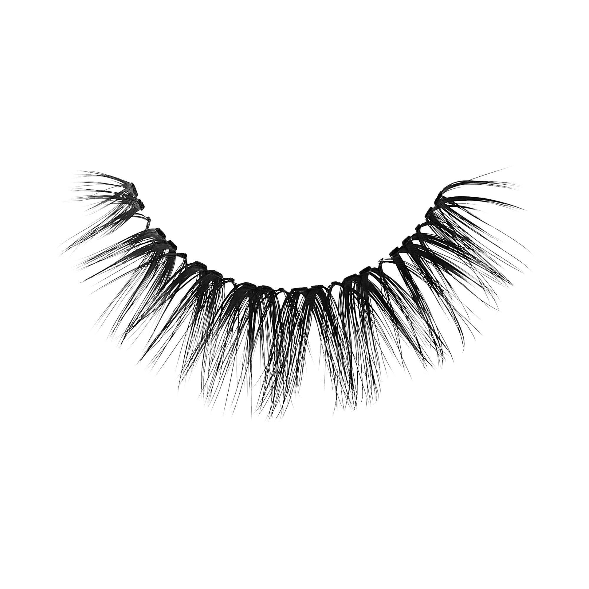 Single black false eyelash with a 3D volume design featuring separated, wispy clusters for a bold, dramatic look.