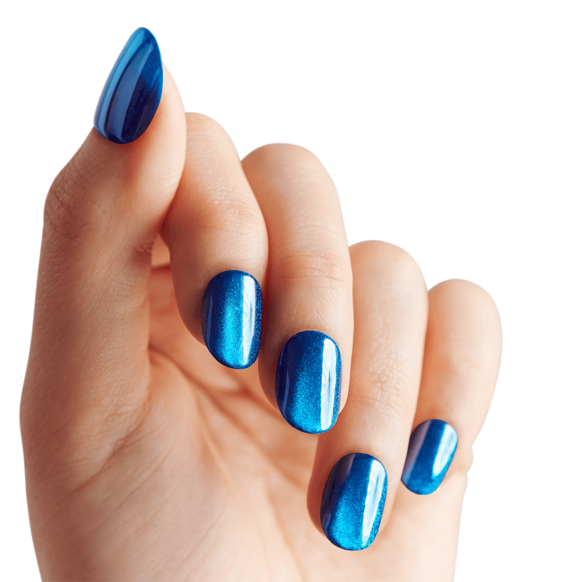 The image features a hand with well-manicured nails painted in a striking blue color. The nails have a glossy finish, showcasing a gradient effect that transitions from a darker shade at the base to a lighter hue at the tips. The hand is positioned elegantly, with fingers slightly curved, highlighting the vibrant nail polish. The background is plain white, emphasizing the vividness of the blue nails.