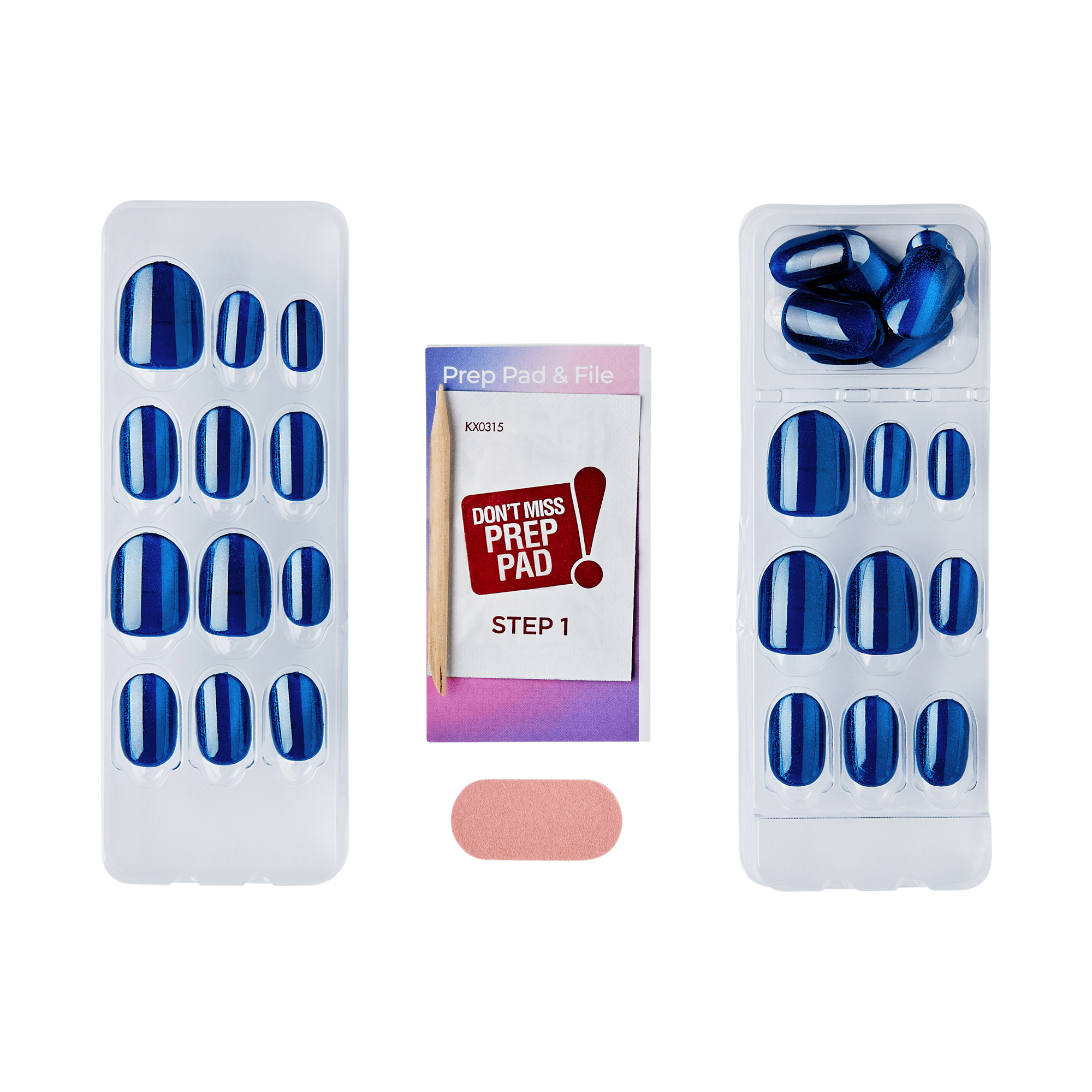 The image features a nail care kit. It includes two plastic trays containing a variety of blue artificial nails in different sizes. In the center, there is a small prep pad and file, along with a pink adhesive strip. The prep pad is labeled "STEP 1," indicating it is part of the application process for the artificial nails. The overall presentation suggests a complete set for achieving a polished nail look at home.