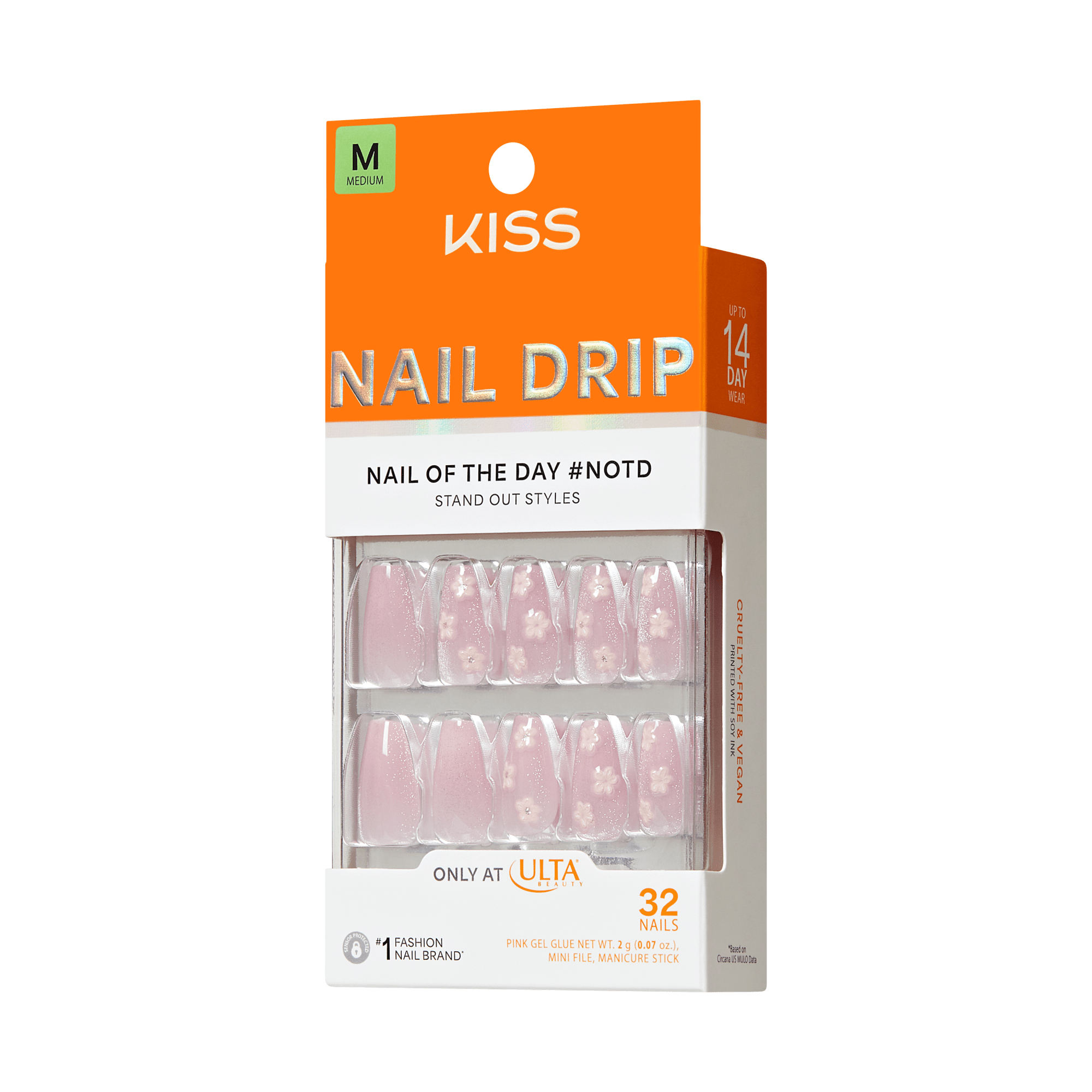 KISS Nail Drip medium press-on nails with pink gel and sparkles, 32 count