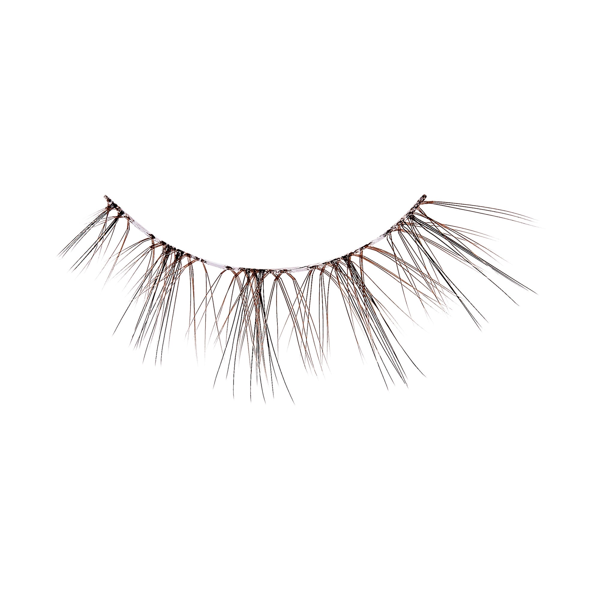 The image shows a single strip of false eyelashes. The eyelashes are arranged in a semi-circular shape, designed to mimic the natural curve of the eyelid. The lashes are long, wispy, and spaced out, giving a dramatic and voluminous appearance. The base of the strip is thin and flexible, allowing for easy application to the eyelid. The lashes are black in color, enhancing their visibility and impact.