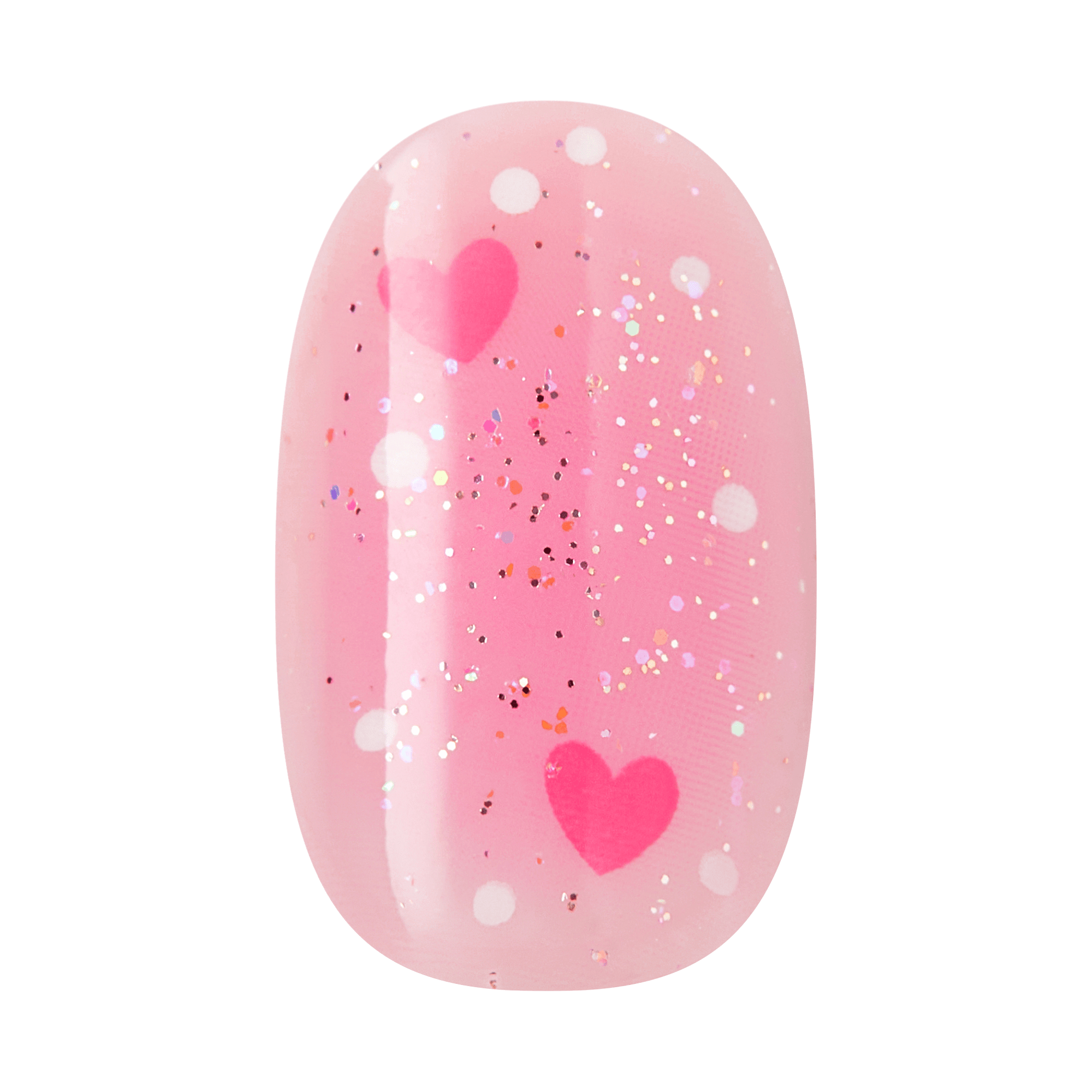 Pink nail polish with hearts and glitter embellishments
