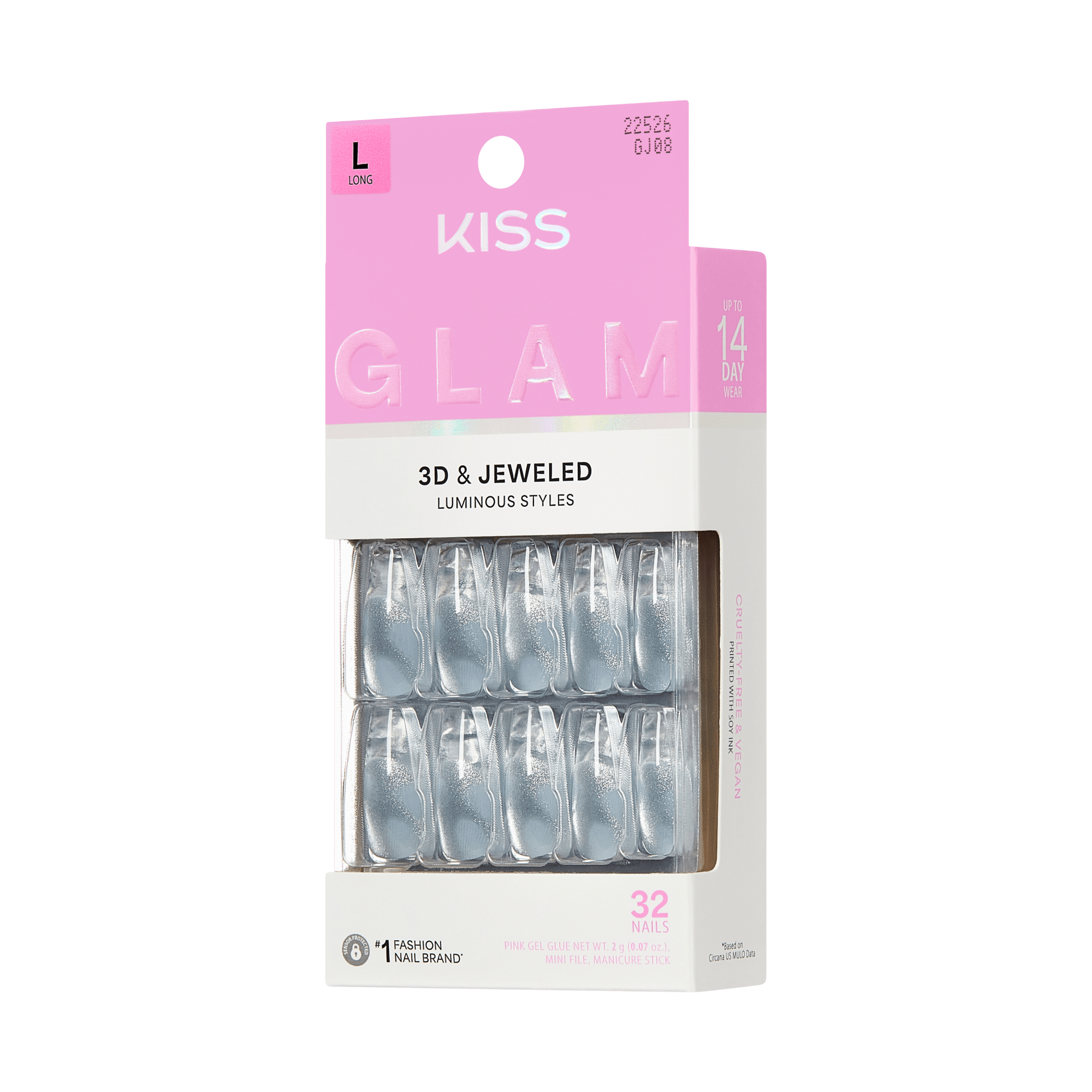 Kiss Glam 3D Jeweled Luminous false nails, 32 nails, size L long.