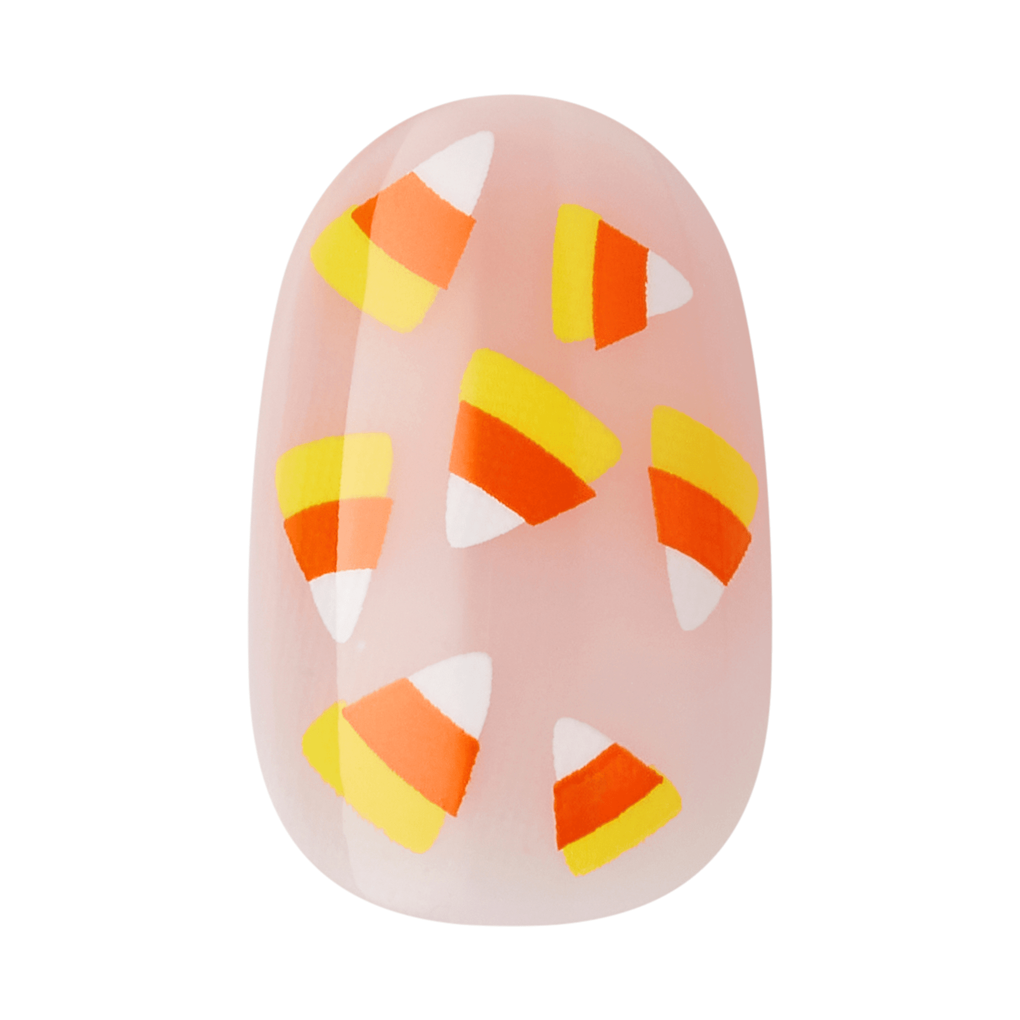 The image shows a single artificial nail with a light pink base color. The nail is decorated with a pattern of candy corn designs. Each candy corn is depicted with the traditional three colors: white at the tip, orange in the middle, and yellow at the base. The candy corn designs are scattered across the nail, creating a festive and playful look.