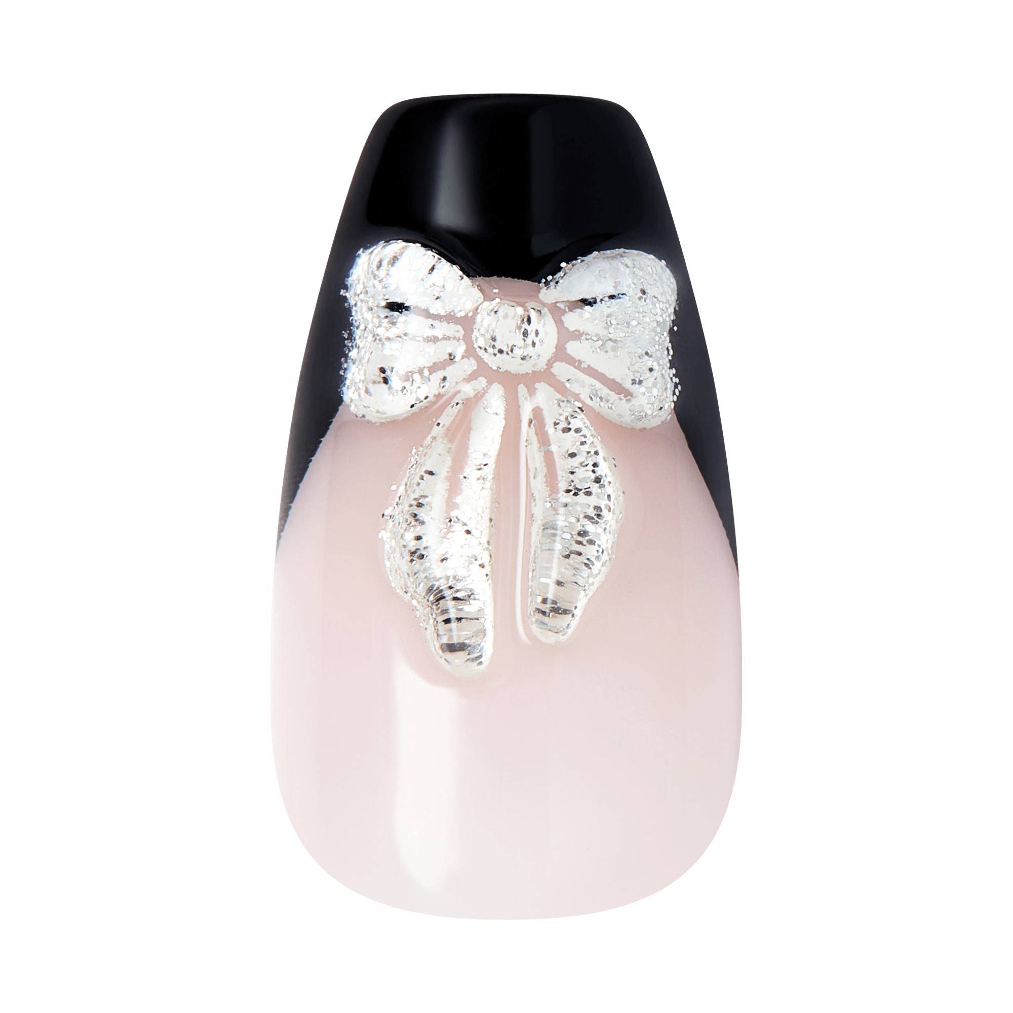 Nail art with silver glitter bow on soft pink base and black tip