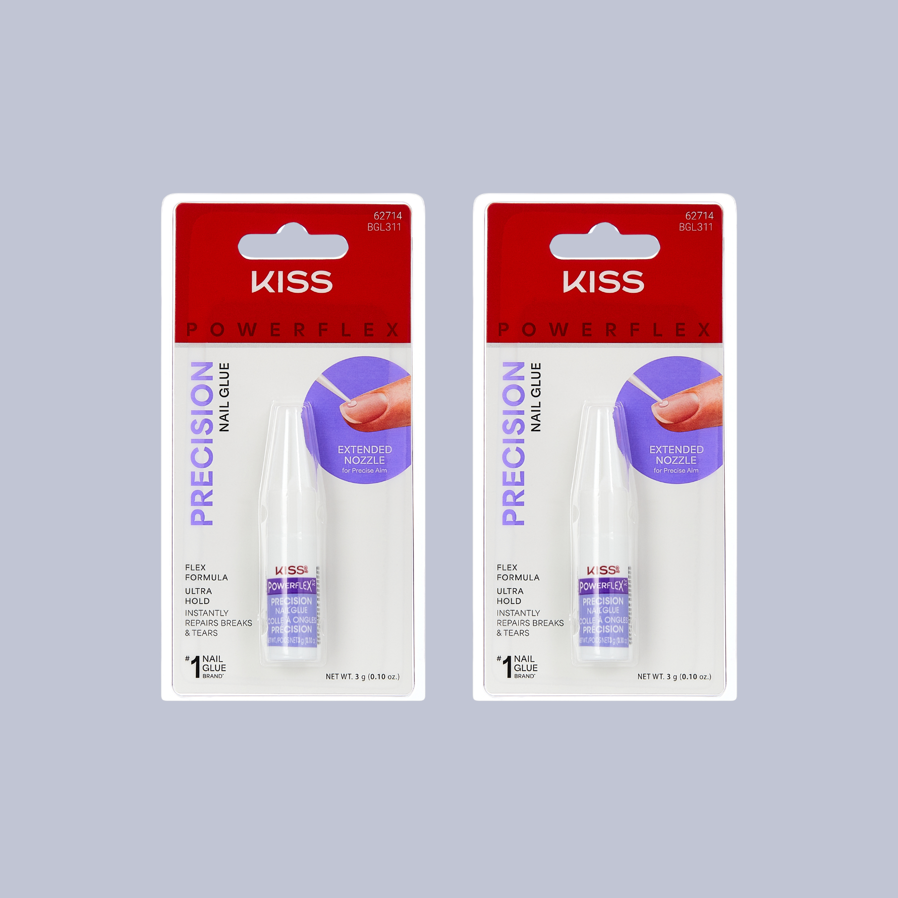 Two packages of Kiss Precision Nail Glue on a gray background