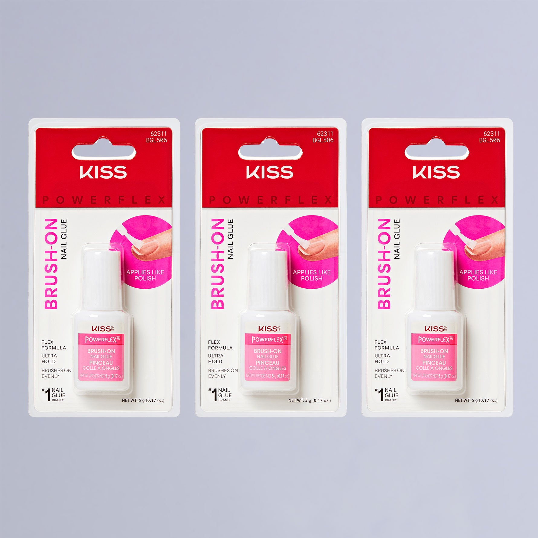 Three KISS PowerFlex Brush-On Nail Glue packages side by side, each with white bottles and pink labels, claiming \