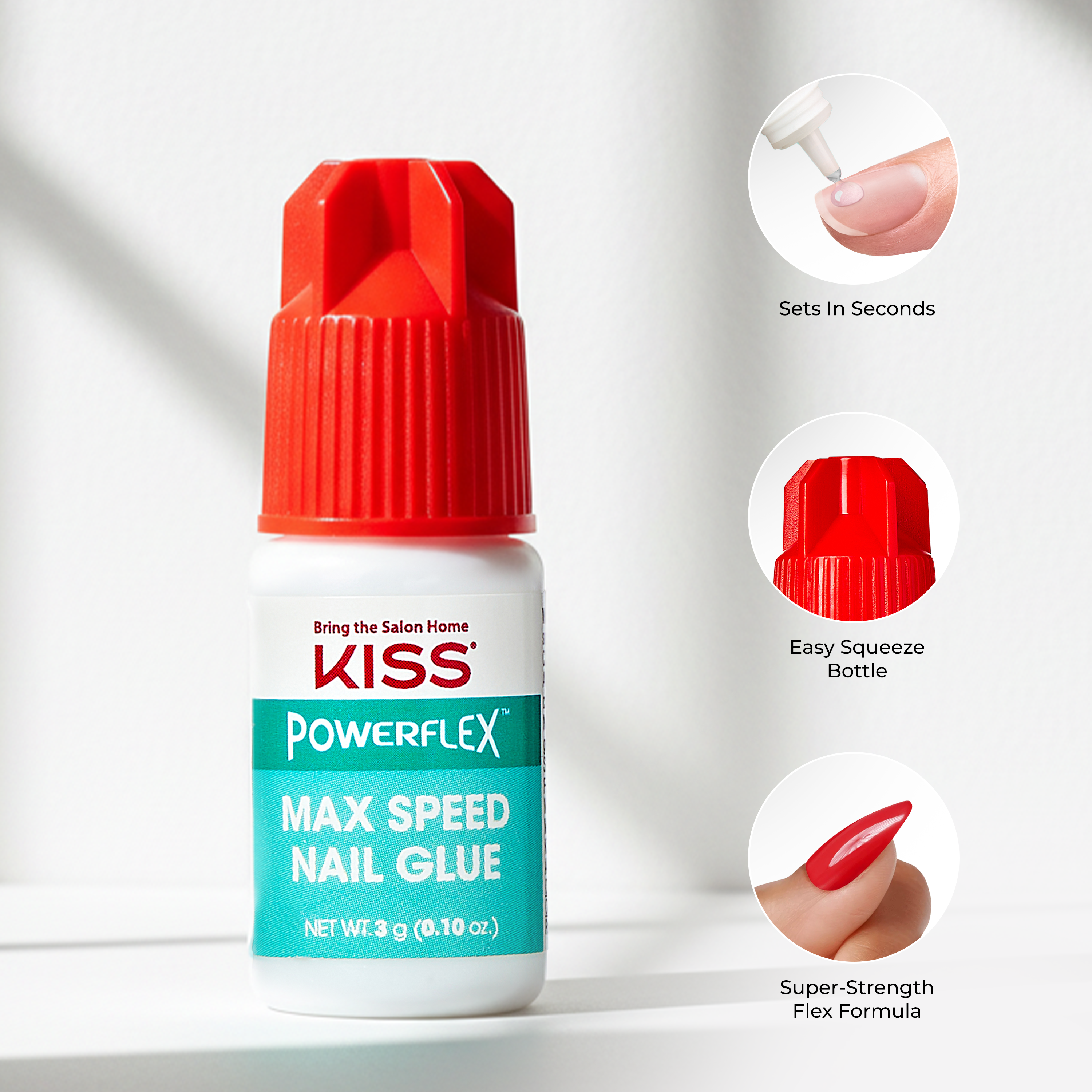 KISS Powerflex Max Speed Nail Glue bottle with features highlighted on a white background