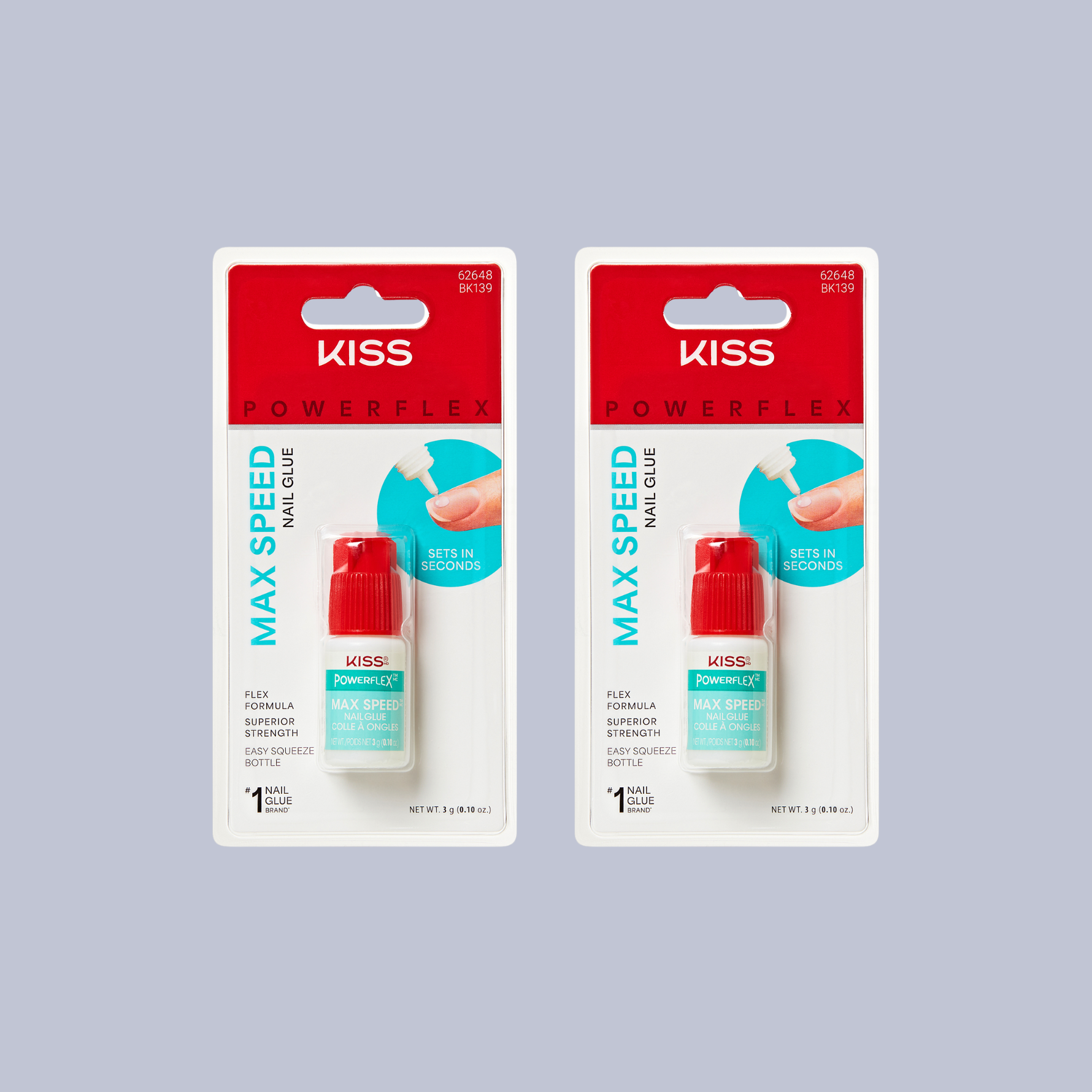 Two packages of Kiss Powerflex Max Speed nail glue on a gray background