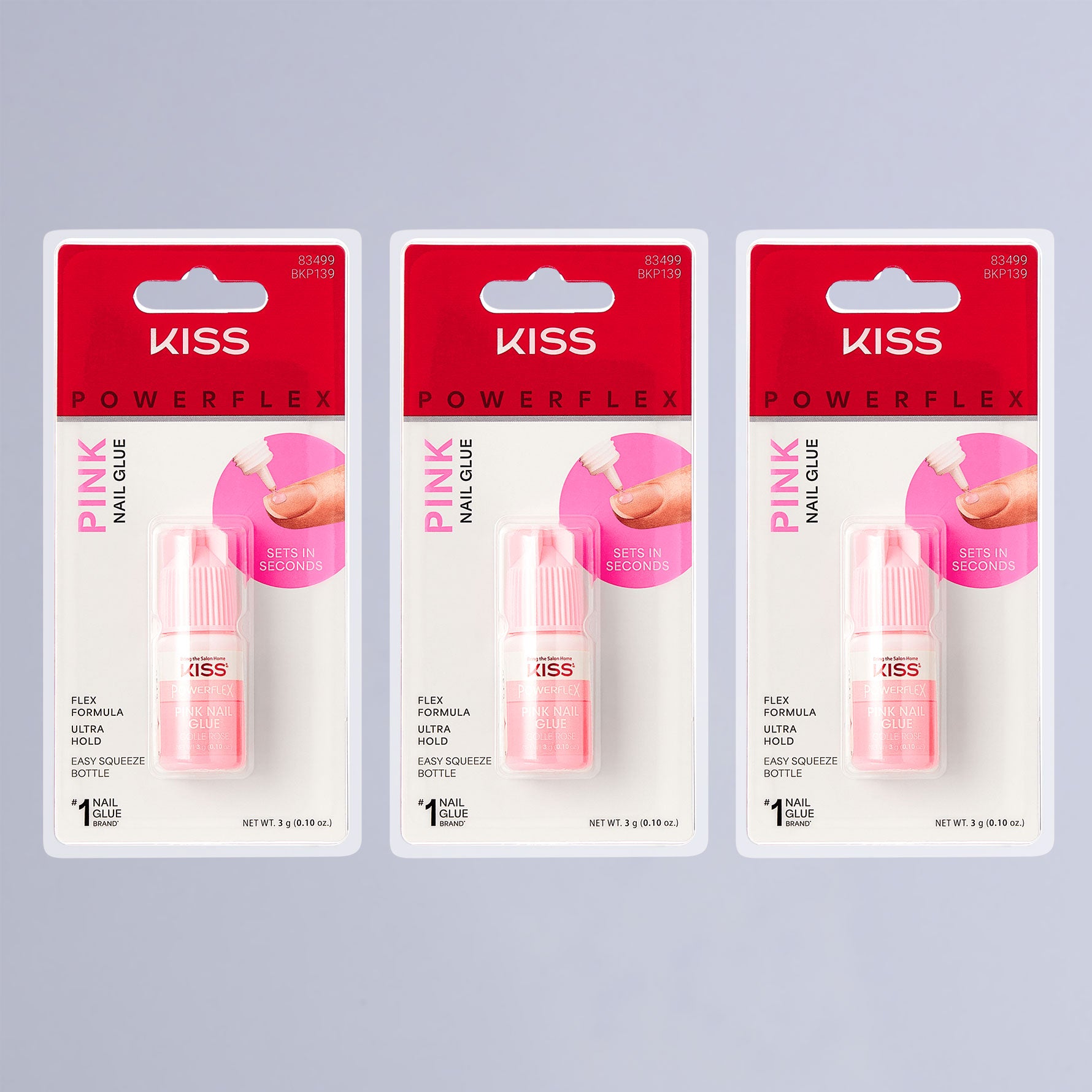 Three KISS PowerFlex Pink Nail Glue bottles, 3g each, sets in seconds.