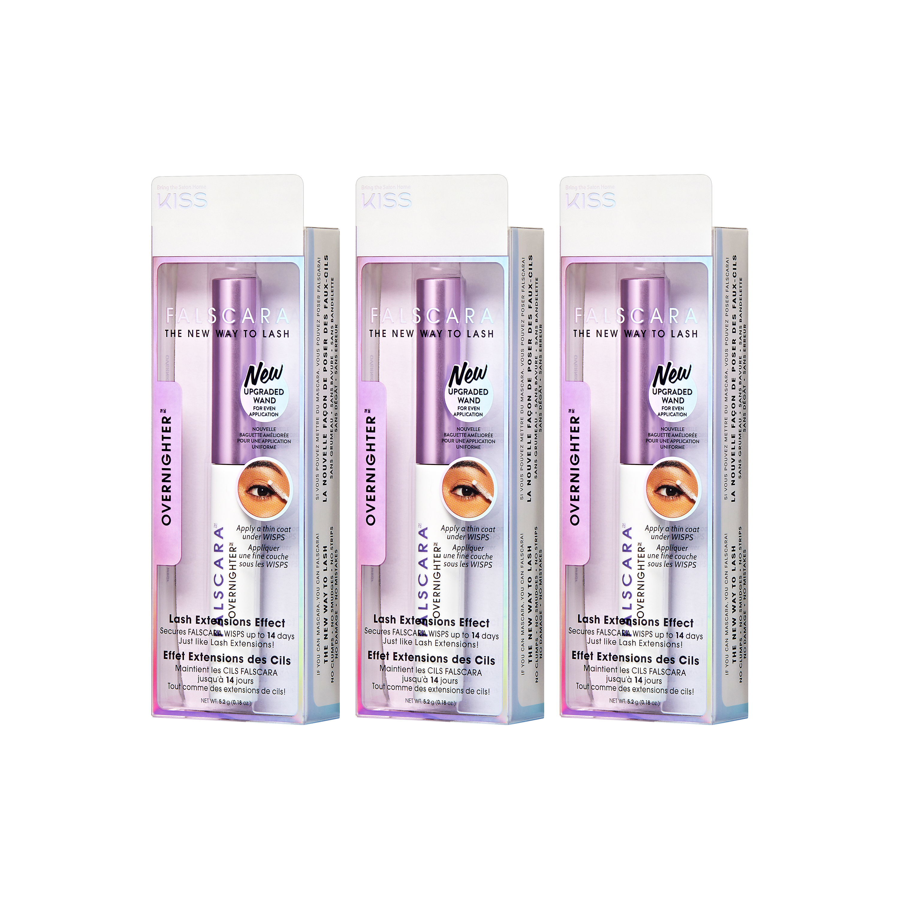 Three packaged FALSCARA Overnighter eyelash extension products with light purple caps and white tubes, featuring a new upgraded wand for even application.