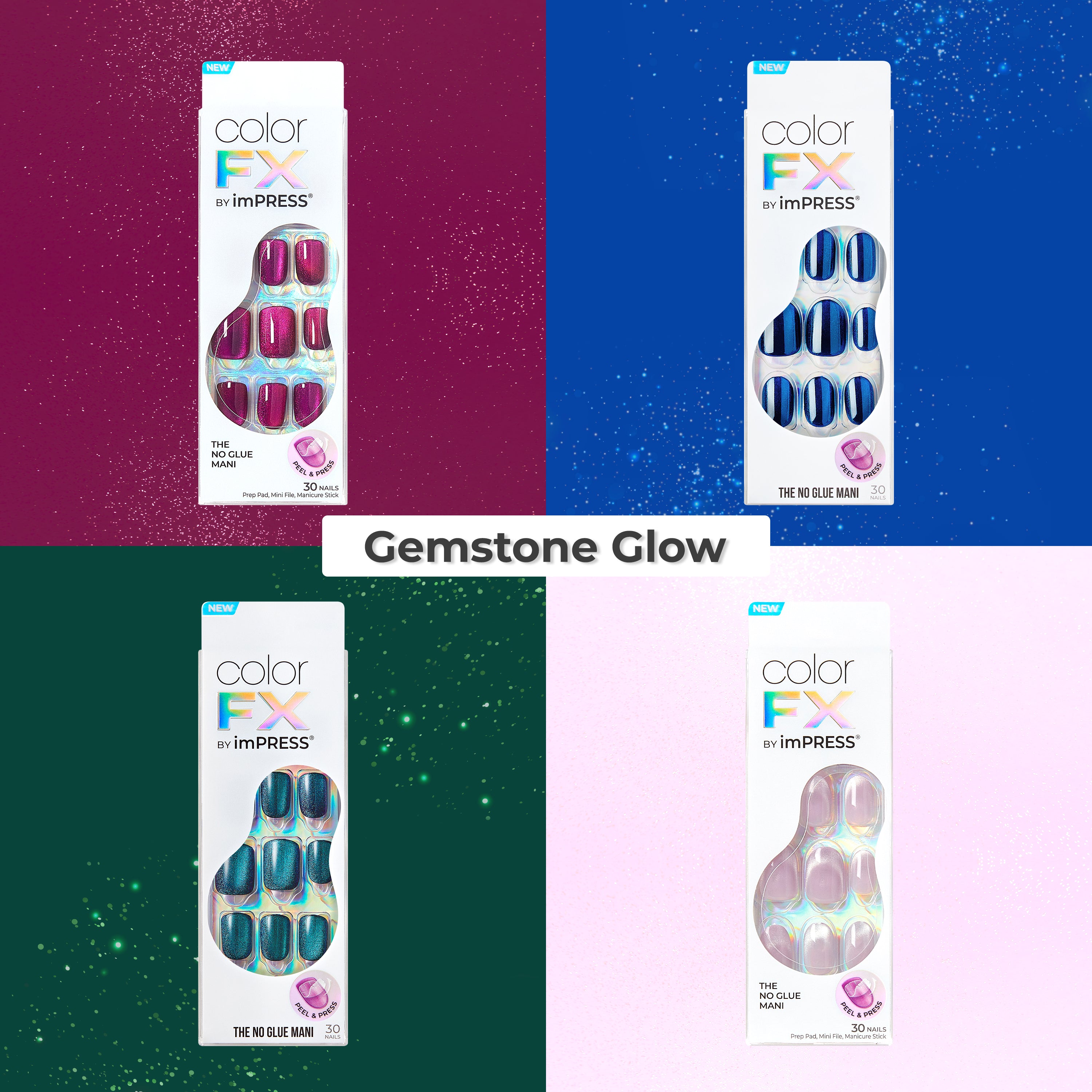 Color FX by imPRESS Gemstone Glow nail sets in magenta, blue, teal, and pink.