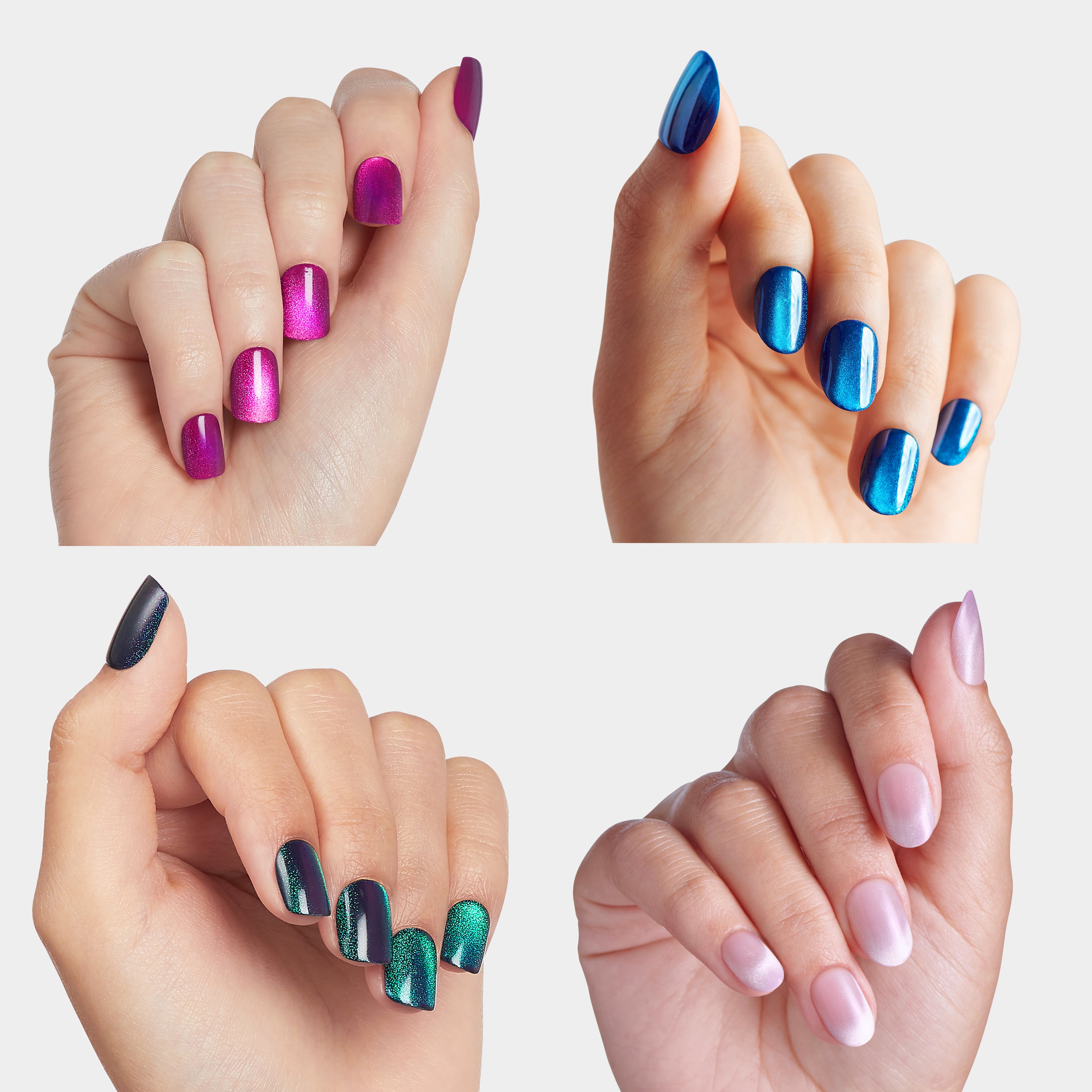 Four nail polish designs: magenta sparkle, blue metallic, dark glitter with teal, and soft pink gradient.