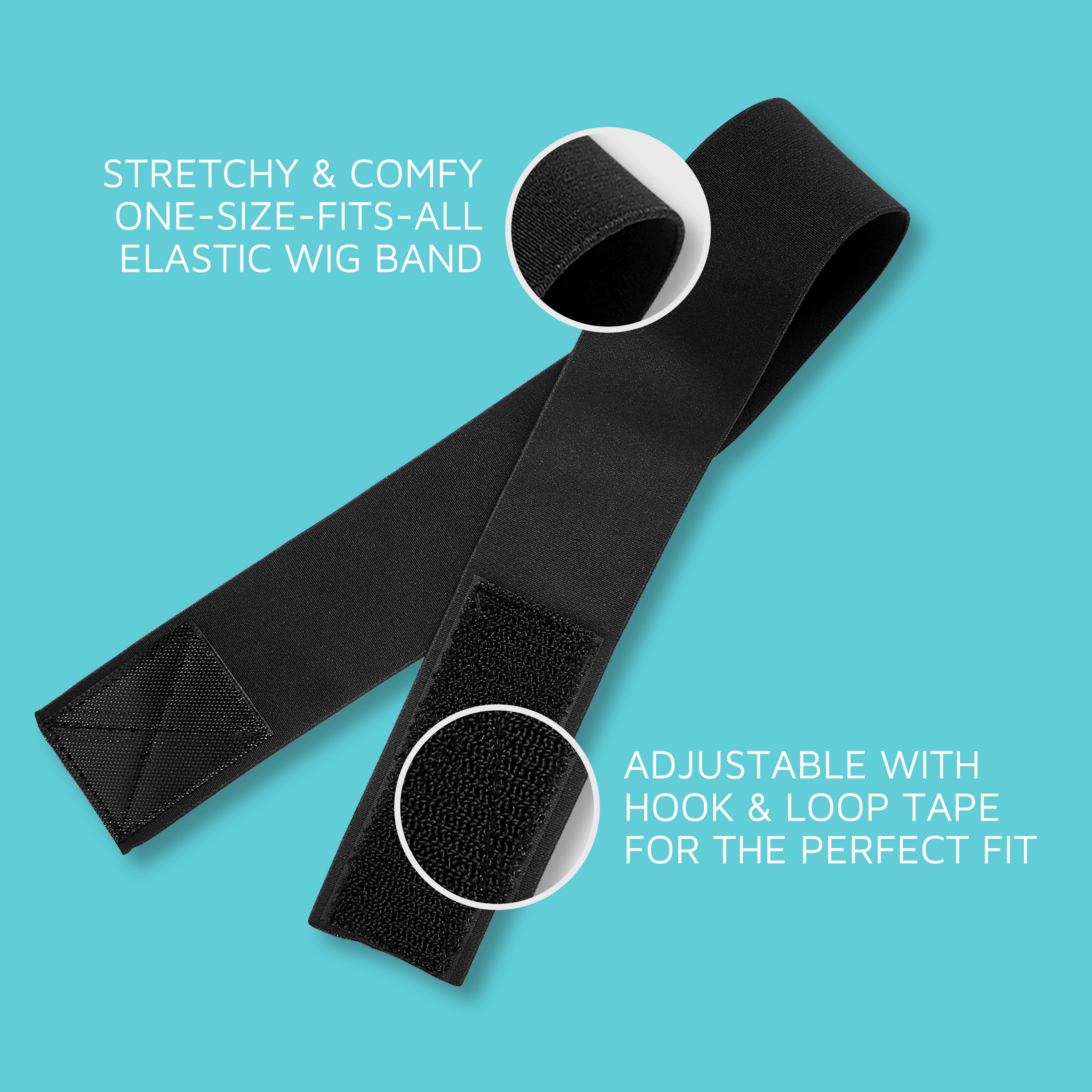 Black elastic wig band with hook and loop tape for adjustable fit, shown with close-up fabric details on a turquoise background. Text highlights stretchy, comfy, one-size-fits-all design.