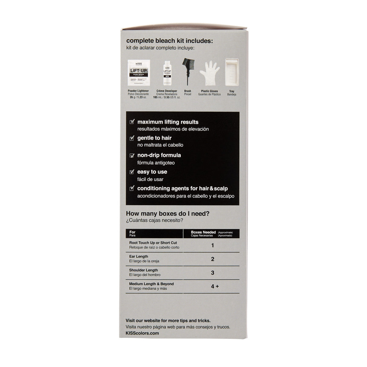 KISS Colors & Care bleach kit side panel showing included items and benefits: maximum lift, gentle to hair, non-drip, easy to use, conditioning agents.