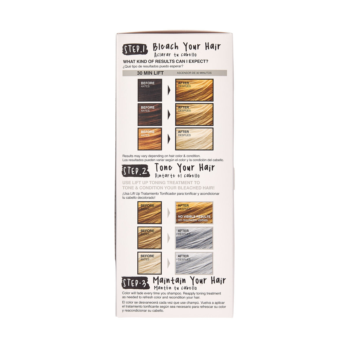 Back of Kiss Lift Up Complete Bleach & Tone Kit box showing step-by-step hair bleaching and toning results in light to blonde shades with maintenance instructions.