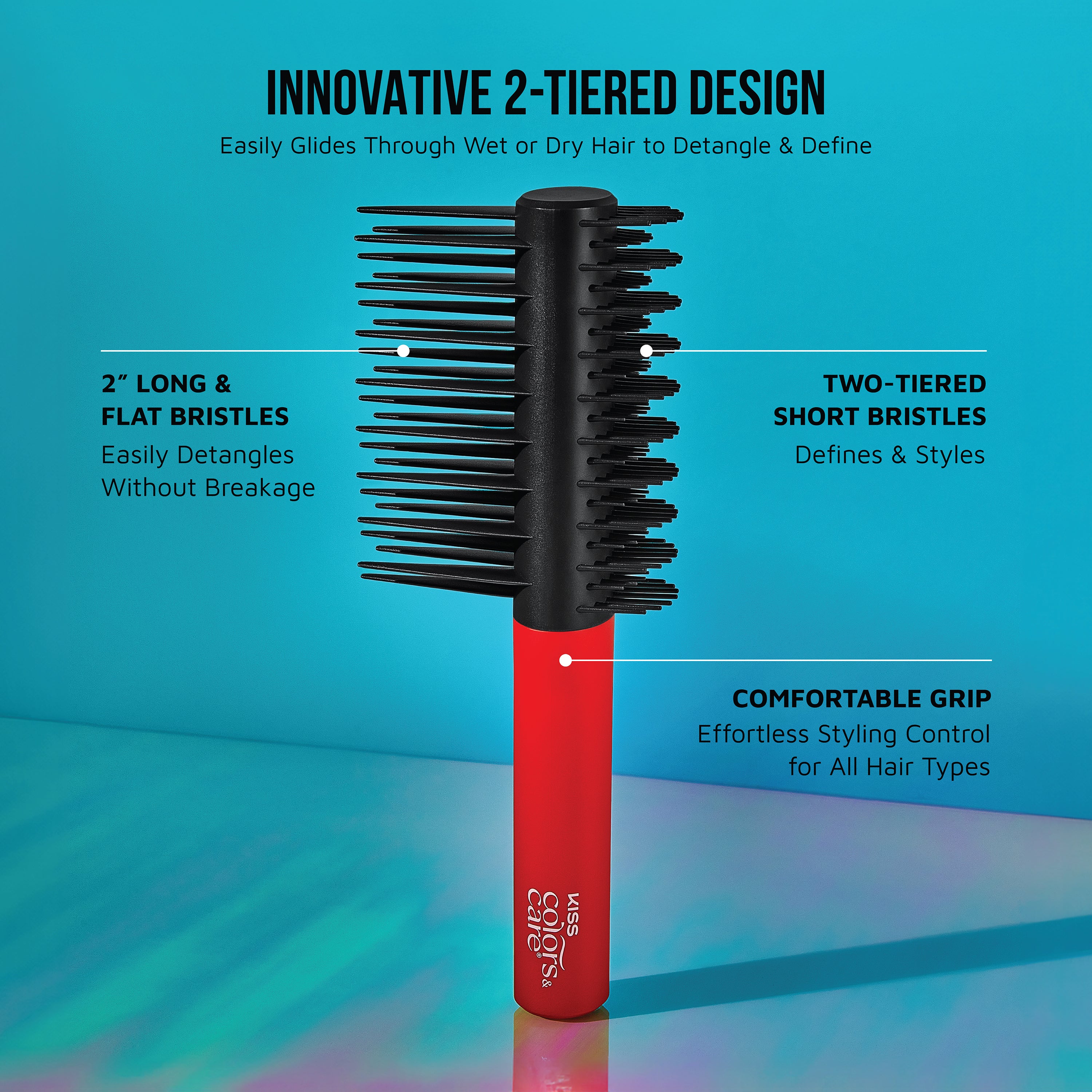 Black and red KISS Colors & Care 2-in-1 hairbrush with innovative 2-tiered design, long and short bristles for detangling and styling, and comfortable grip.
