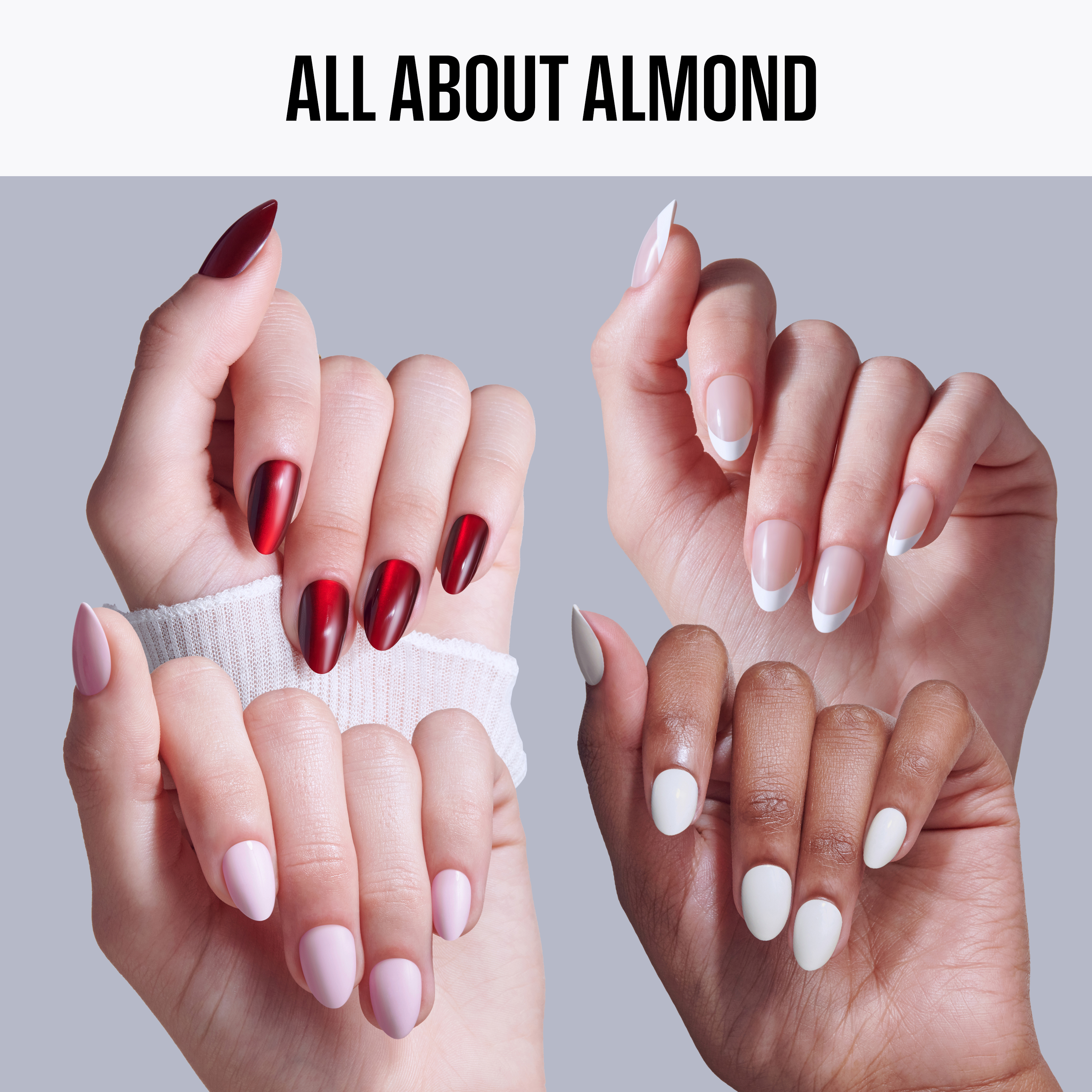 Two hands with different nail polish colors on a gray background, labeled &
