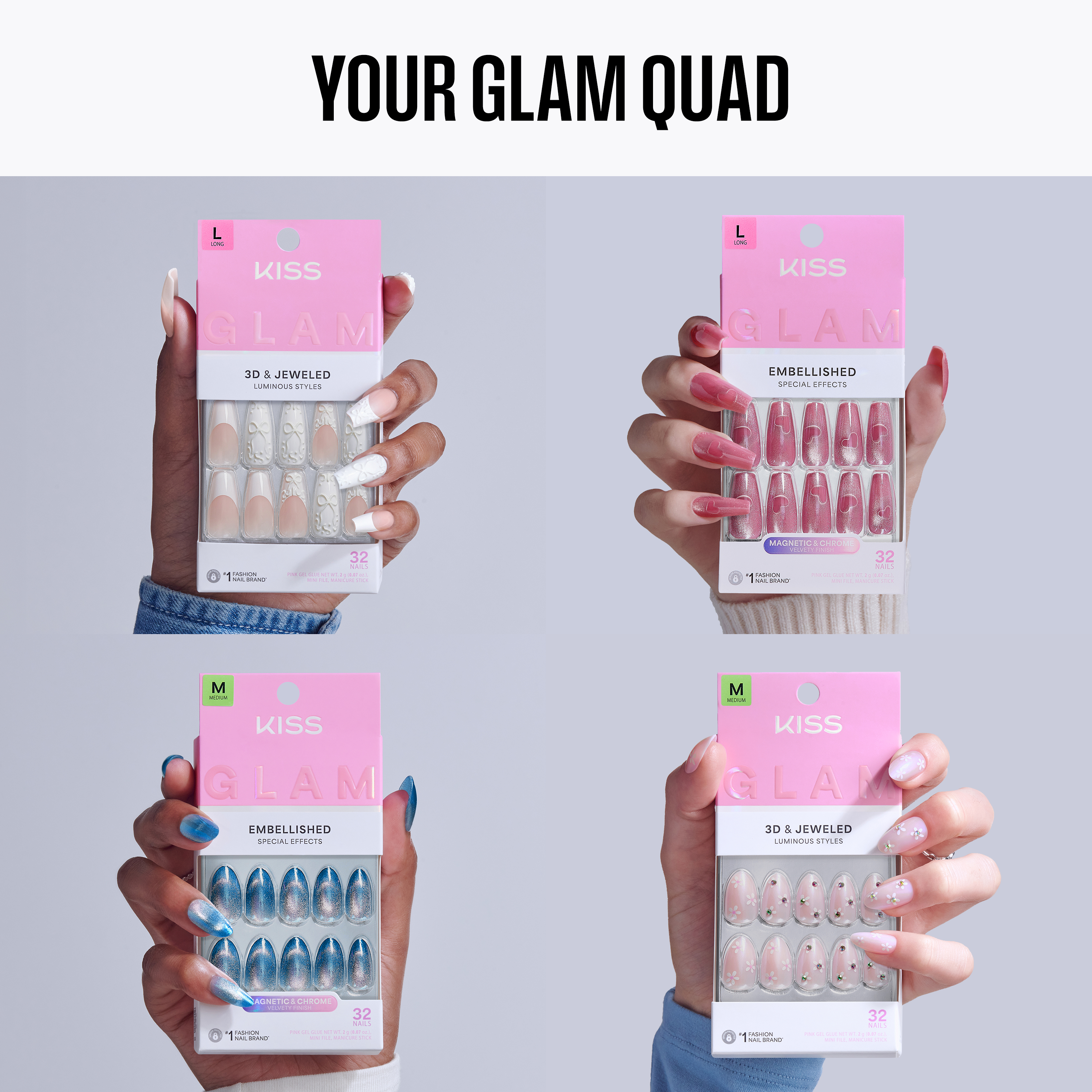 Four packages of KISS nail art products held by different people against a gray background.