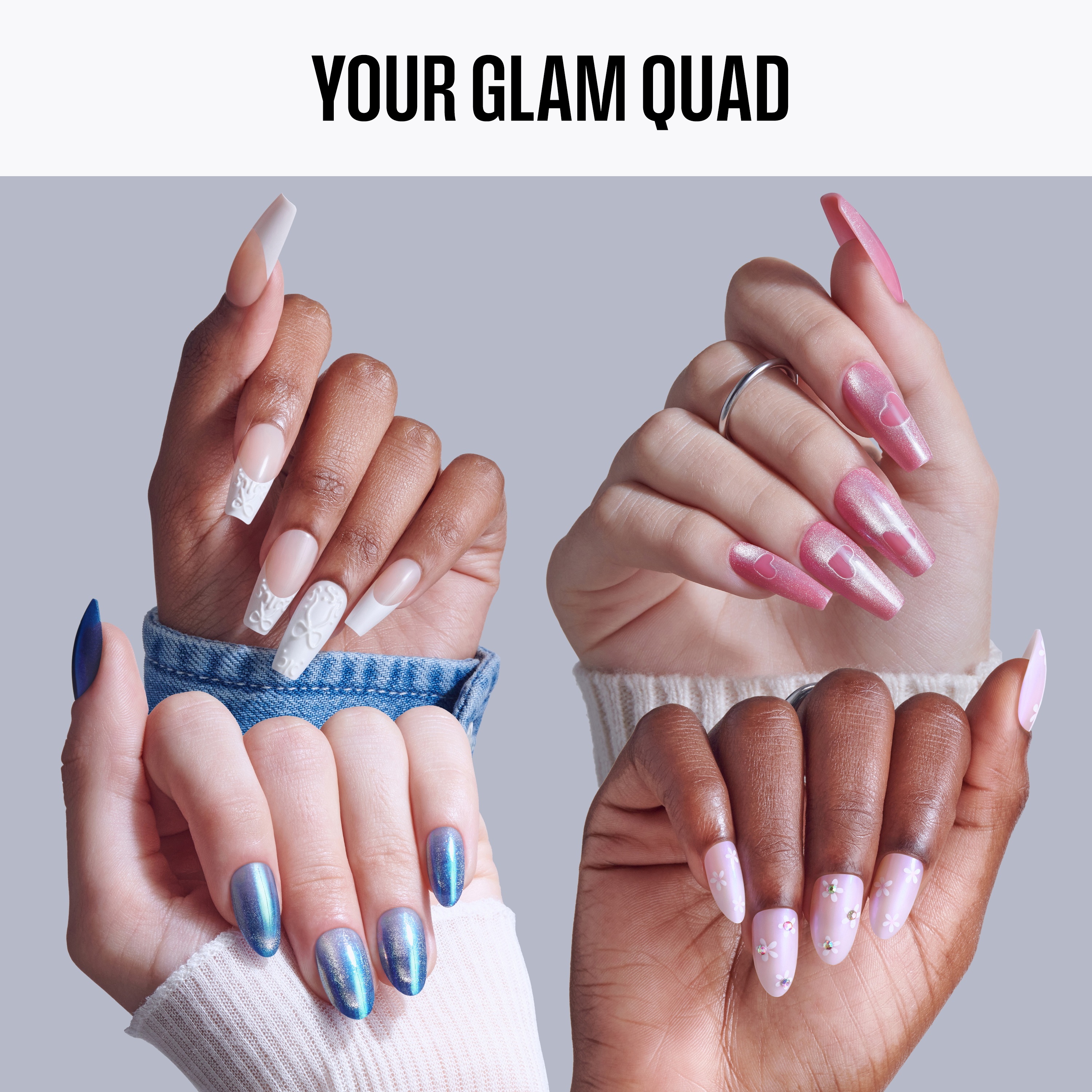 Four hands with different nail polish colors on a light gray background, labeled &