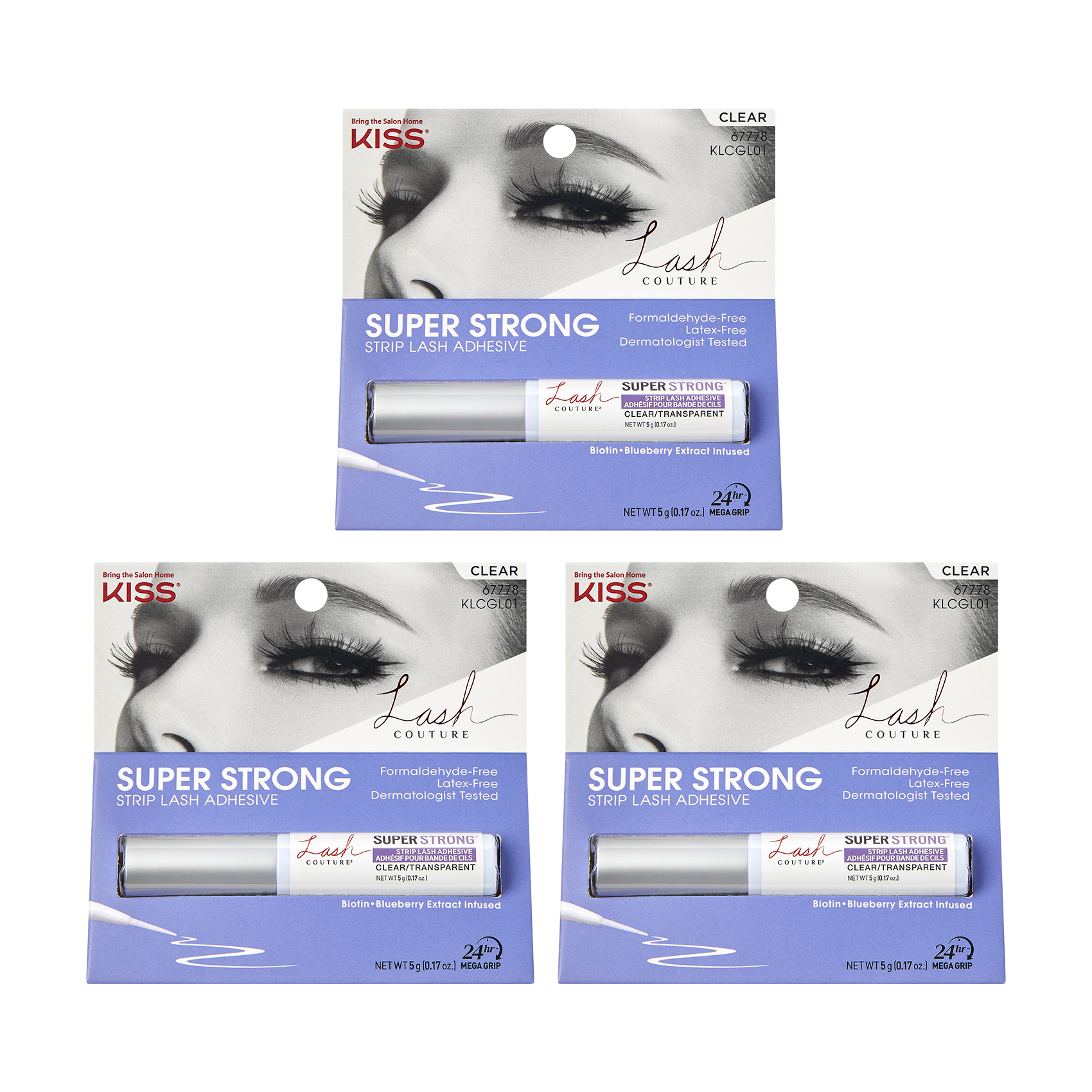 KISS Lash Couture Strip Lash Adhesive clear in three individual 5g tubes, with packaging highlighting super strong hold, dermatologist tested, and biotin + blueberry extract infusion.