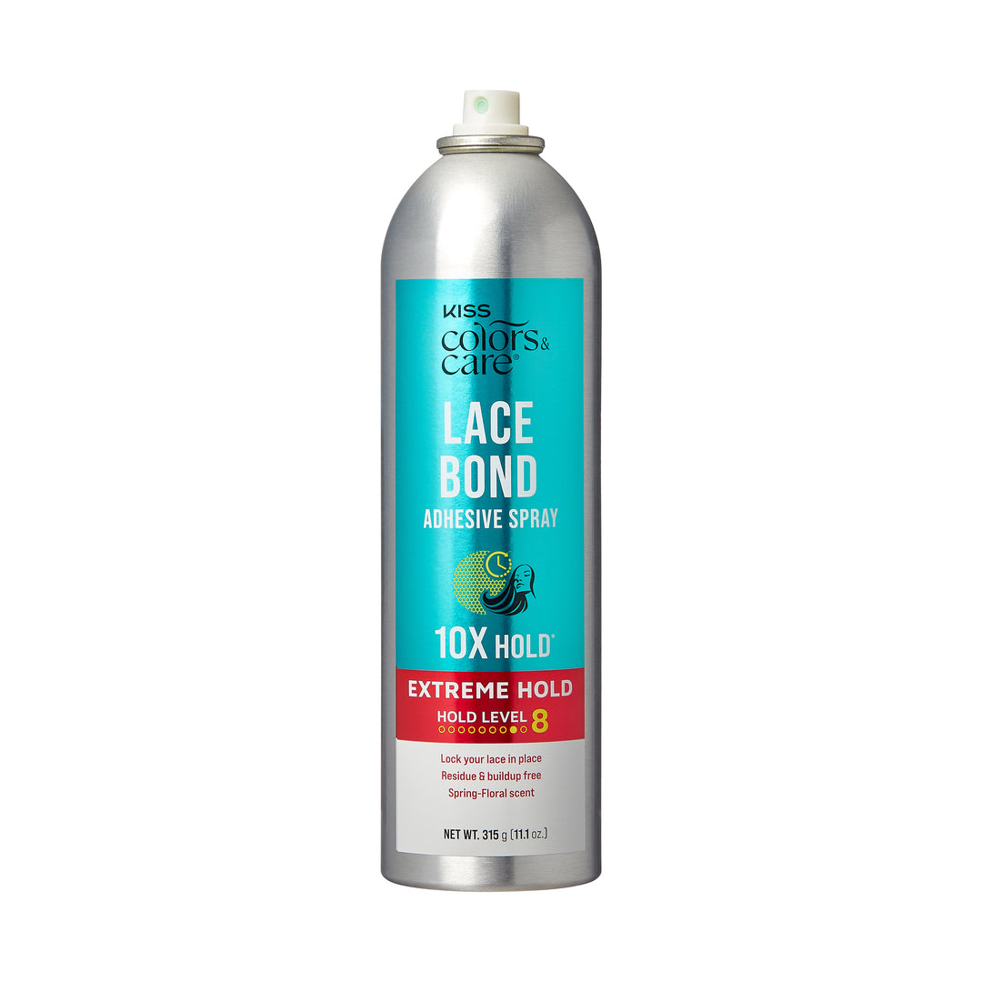 Silver spray can with a turquoise and red label reading "KISS Colors & Care Lace Bond Adhesive Spray 10X Hold, Extreme Hold Level 8," fragrance spring-floral, 11.1 oz.